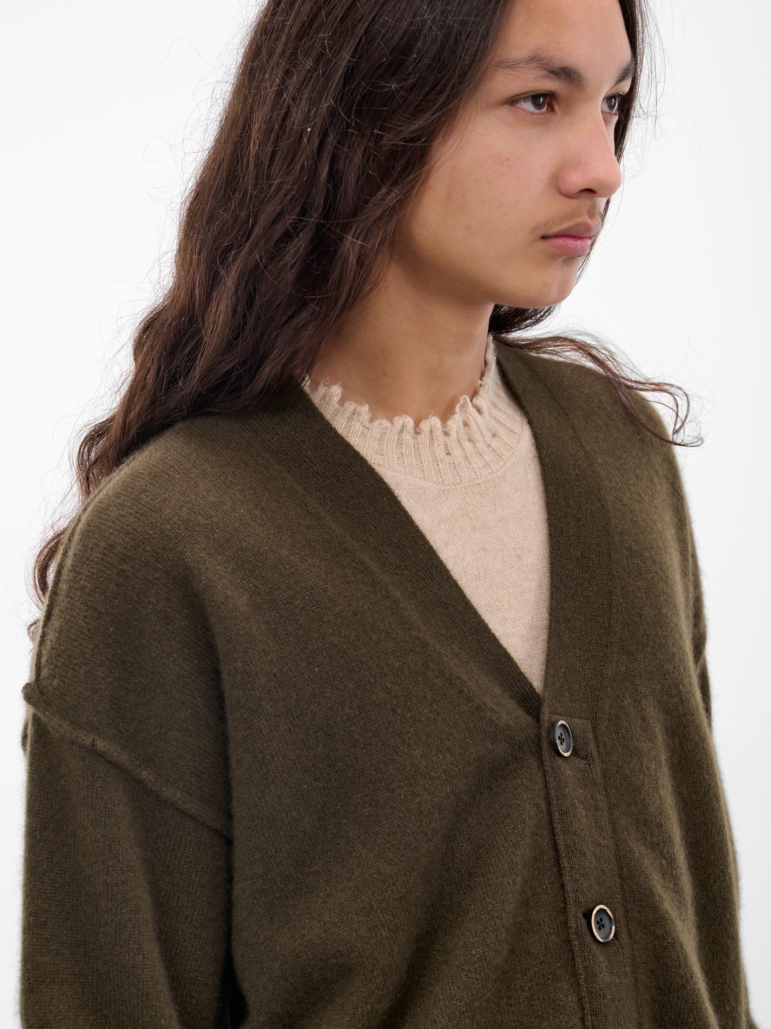 Green Cashmere Distressed Knit Cardigan (UK7557-UW480-ARMY-GREEN)