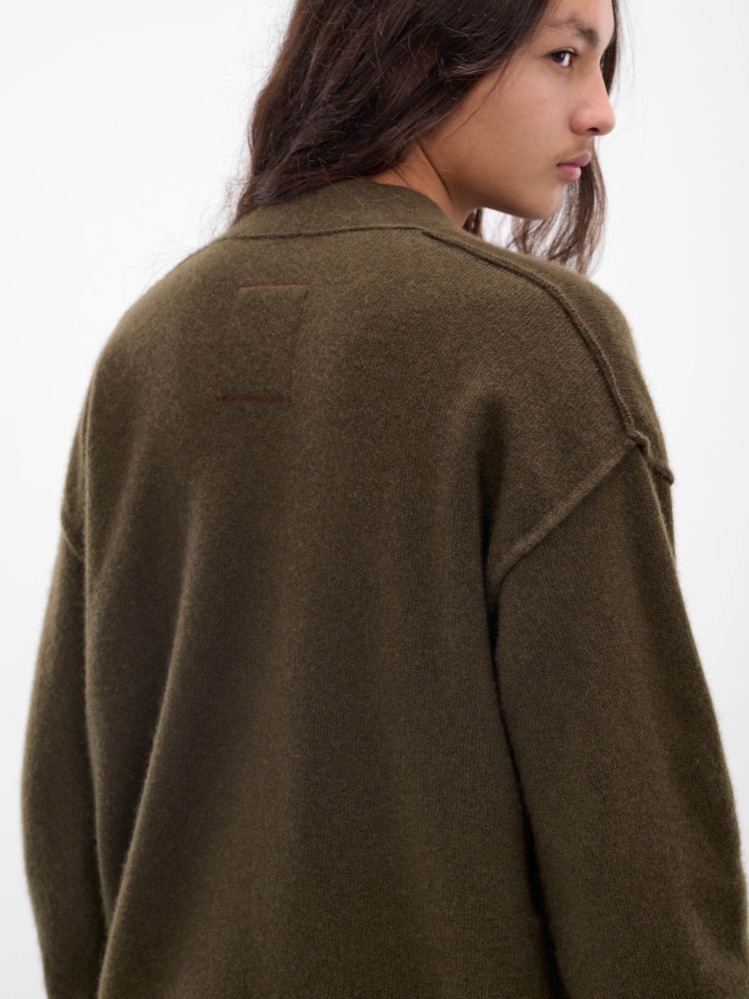 Green Cashmere Distressed Knit Cardigan (UK7557-UW480-ARMY-GREEN)