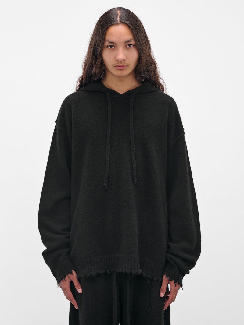 Black Cashmere Distressed Knit Hoodie (UK7559-UW900-BLACK)