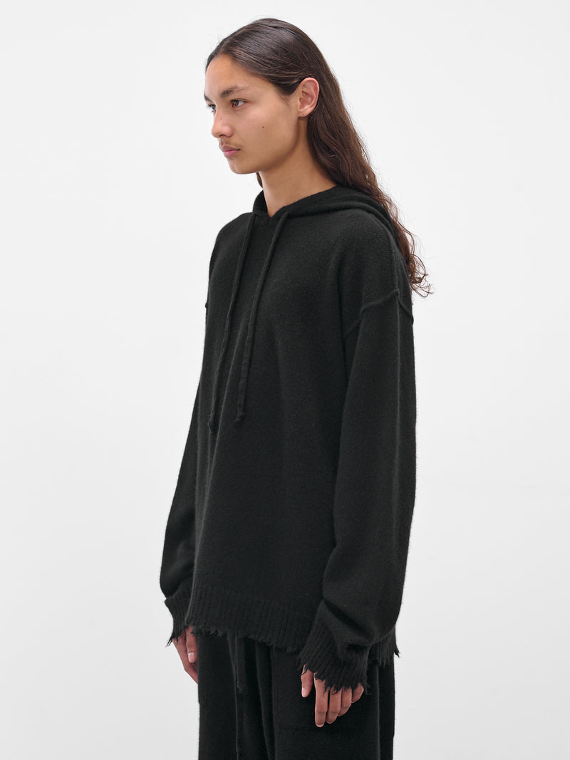 Black Cashmere Distressed Knit Hoodie (UK7559-UW900-BLACK)