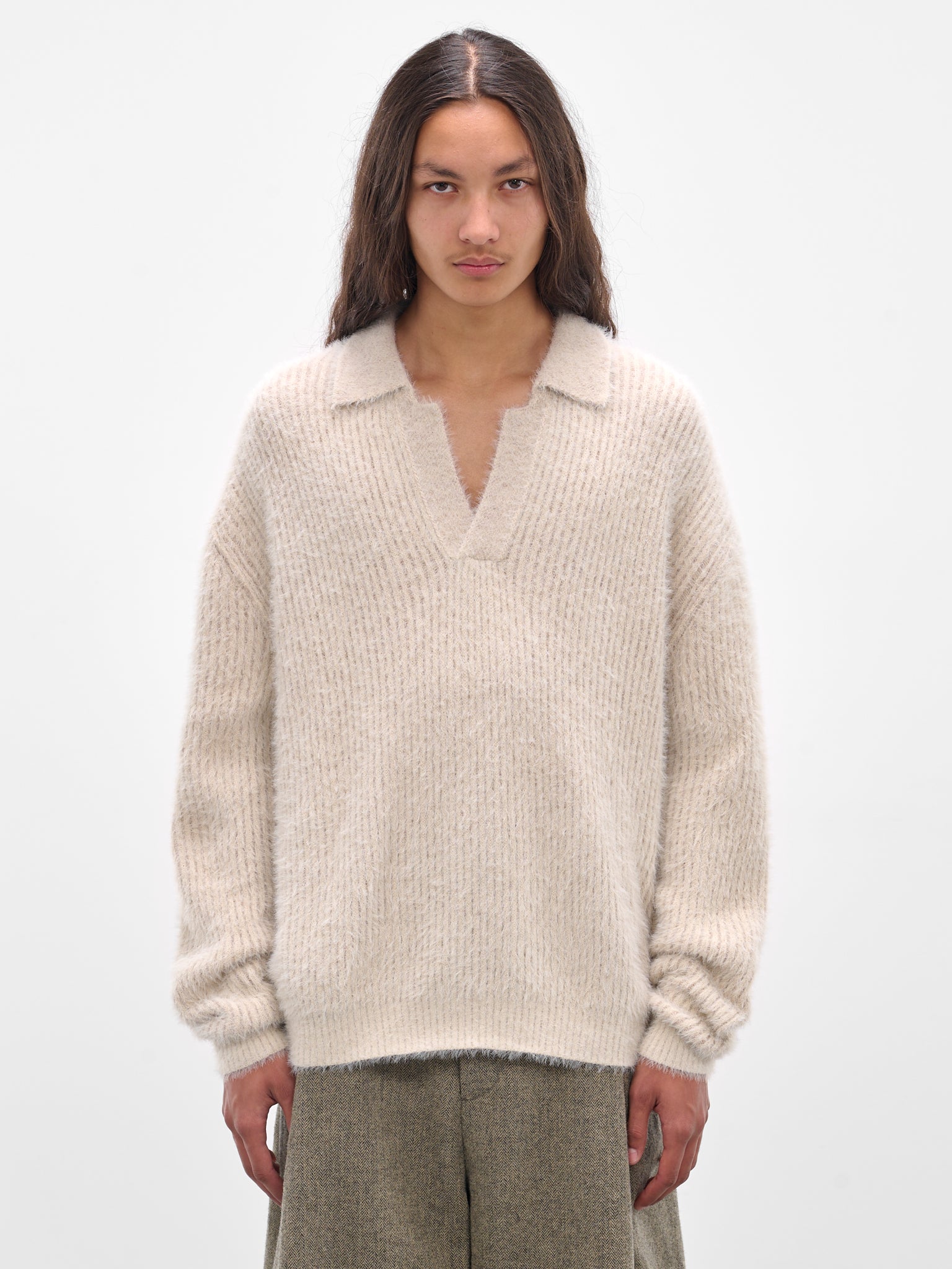 Beige Rib-Knit Polo Sweater (UK7584-UW101-OFFWHITE)