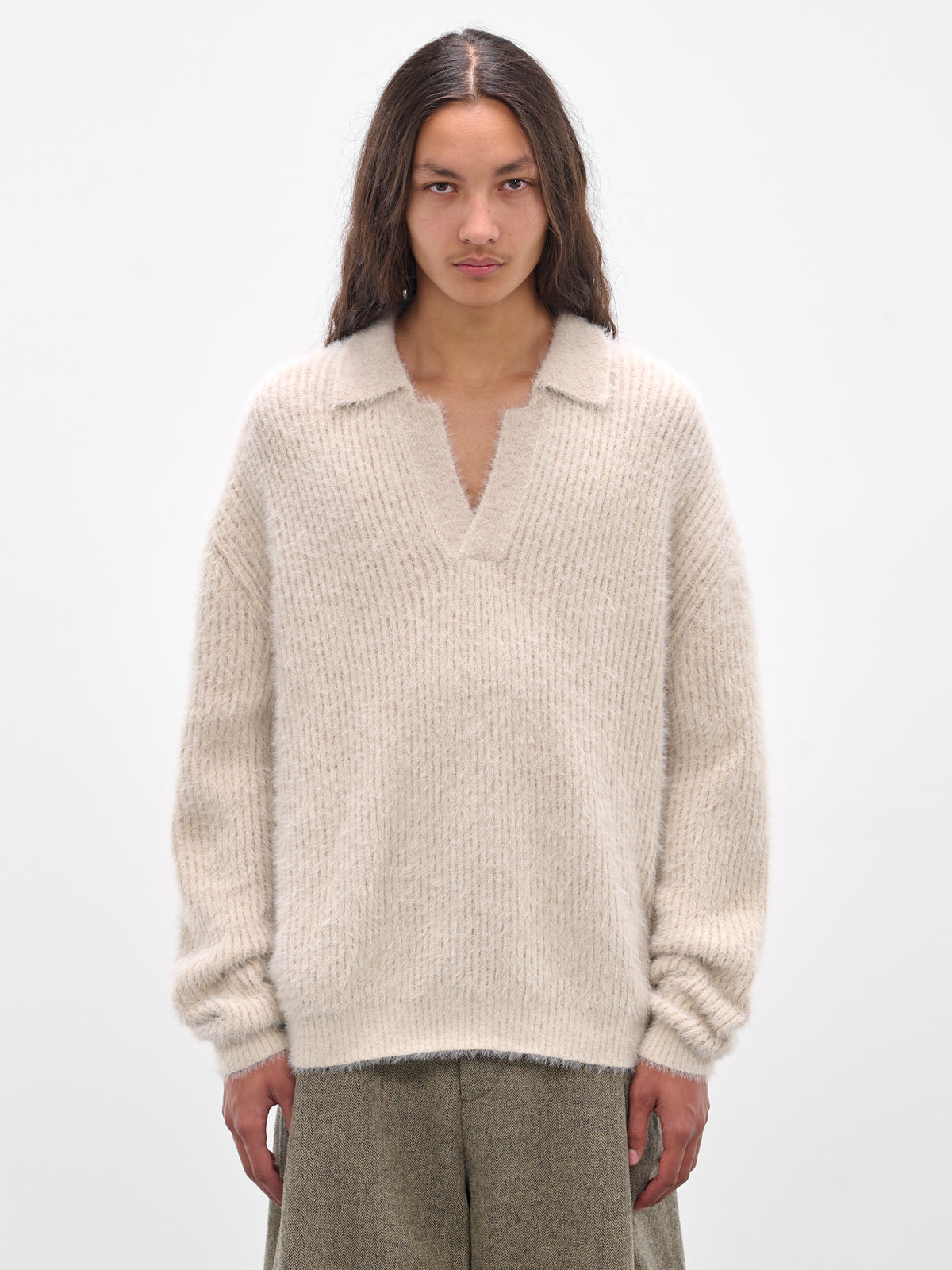 Beige Rib-Knit Polo Sweater (UK7584-UW101-OFFWHITE)