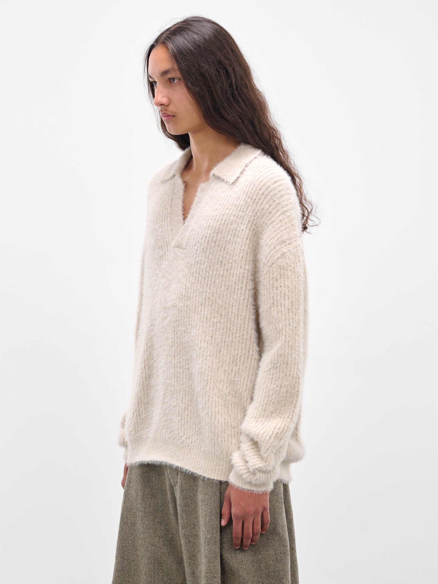 Beige Rib-Knit Polo Sweater (UK7584-UW101-OFFWHITE)