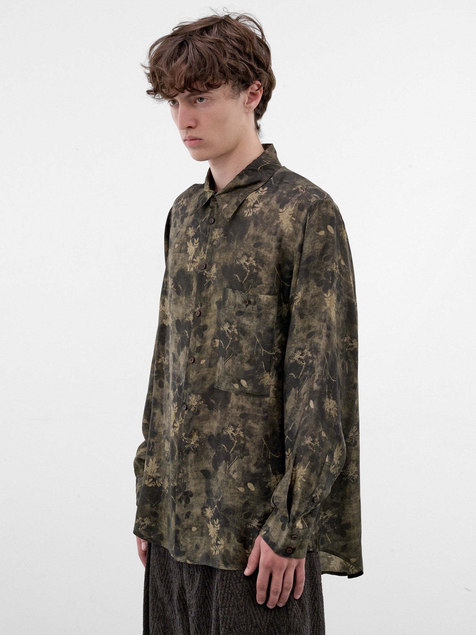 Green Floral Print Fluid Shirt (UM1501-GREEN-GREY)