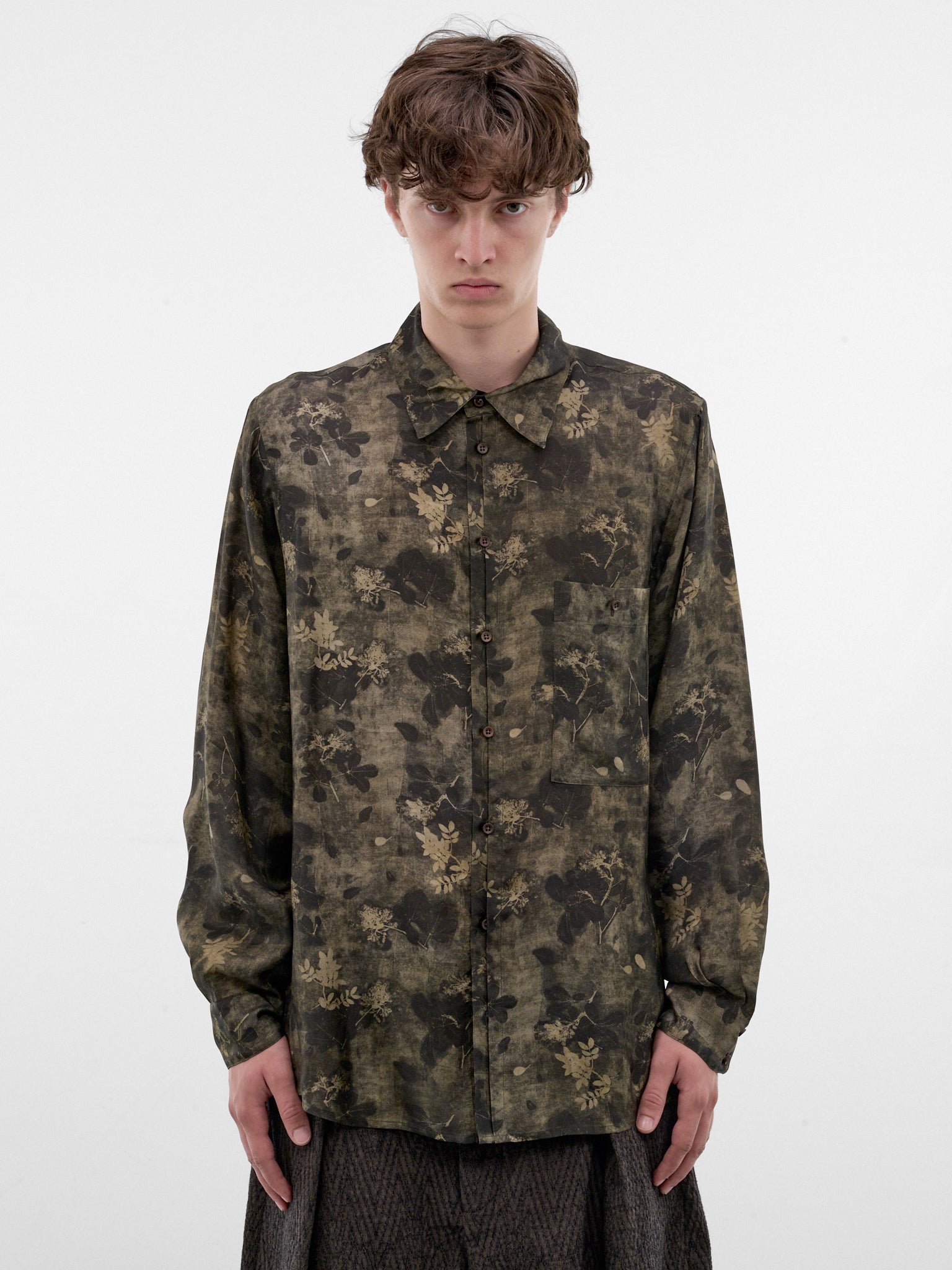 Green Floral Print Fluid Shirt (UM1501-GREEN-GREY)