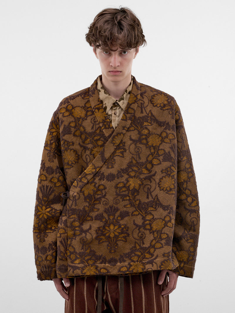 Floral Jacquard Double-Breasted Jacket (UM1518-MUSTARD-BROWN)