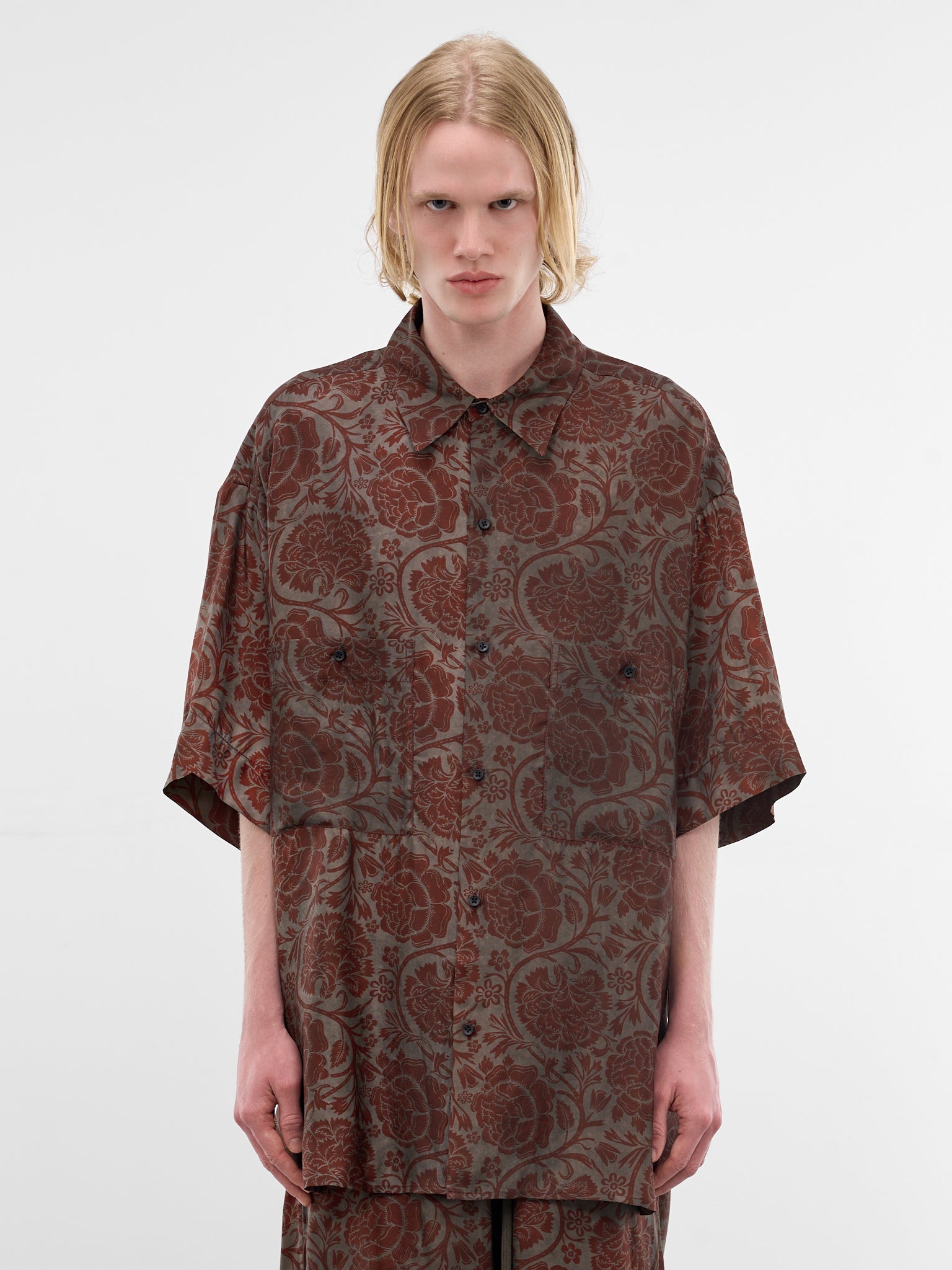Burgundy Floral Oversized Teorya Shirt (UM1528-UW087-GREY-RED)