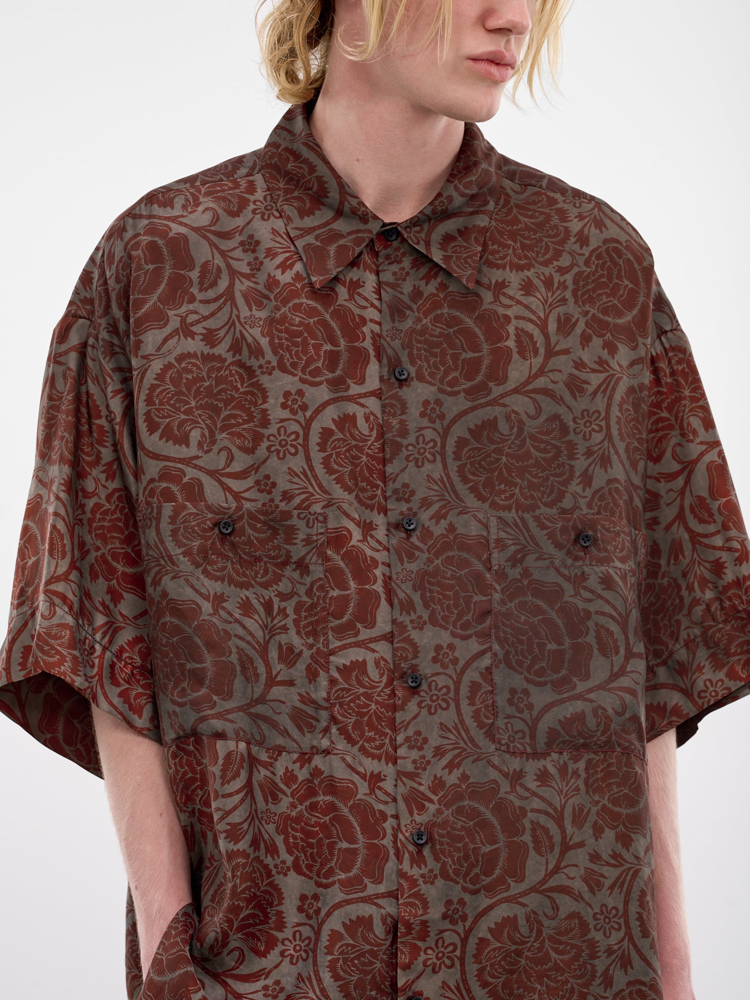 Burgundy Floral Oversized Teorya Shirt (UM1528-UW087-GREY-RED)