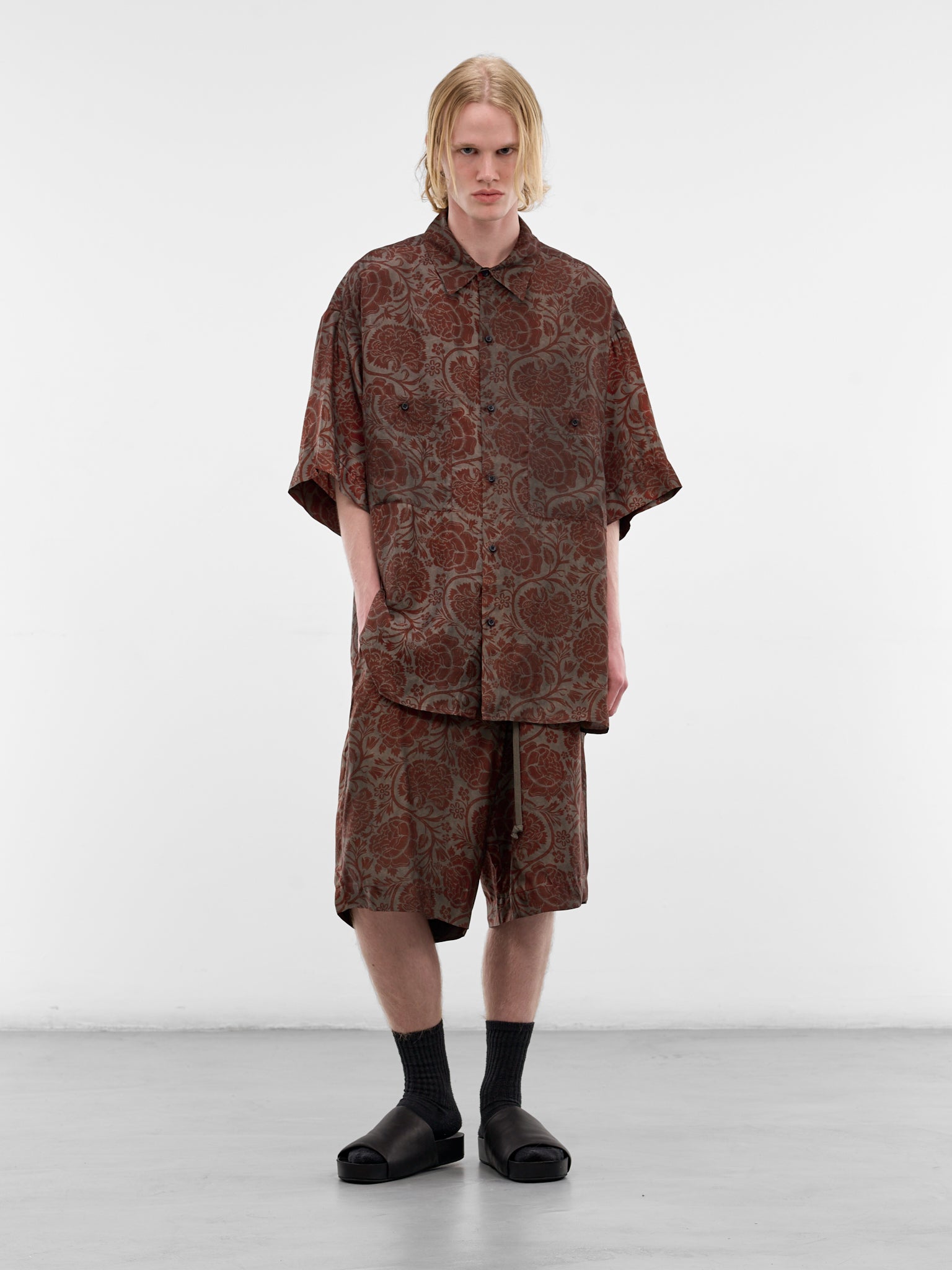 Burgundy Floral Oversized Teorya Shirt (UM1528-UW087-GREY-RED)