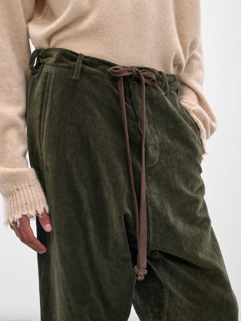 Green 'Perch' Velvet Drawstring Trousers (UM3513-UW490-DARK-GREEN)