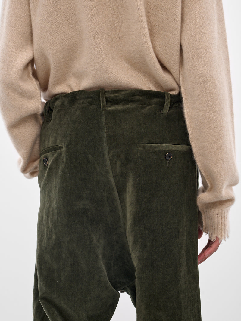 Green 'Perch' Velvet Drawstring Trousers (UM3513-UW490-DARK-GREEN)
