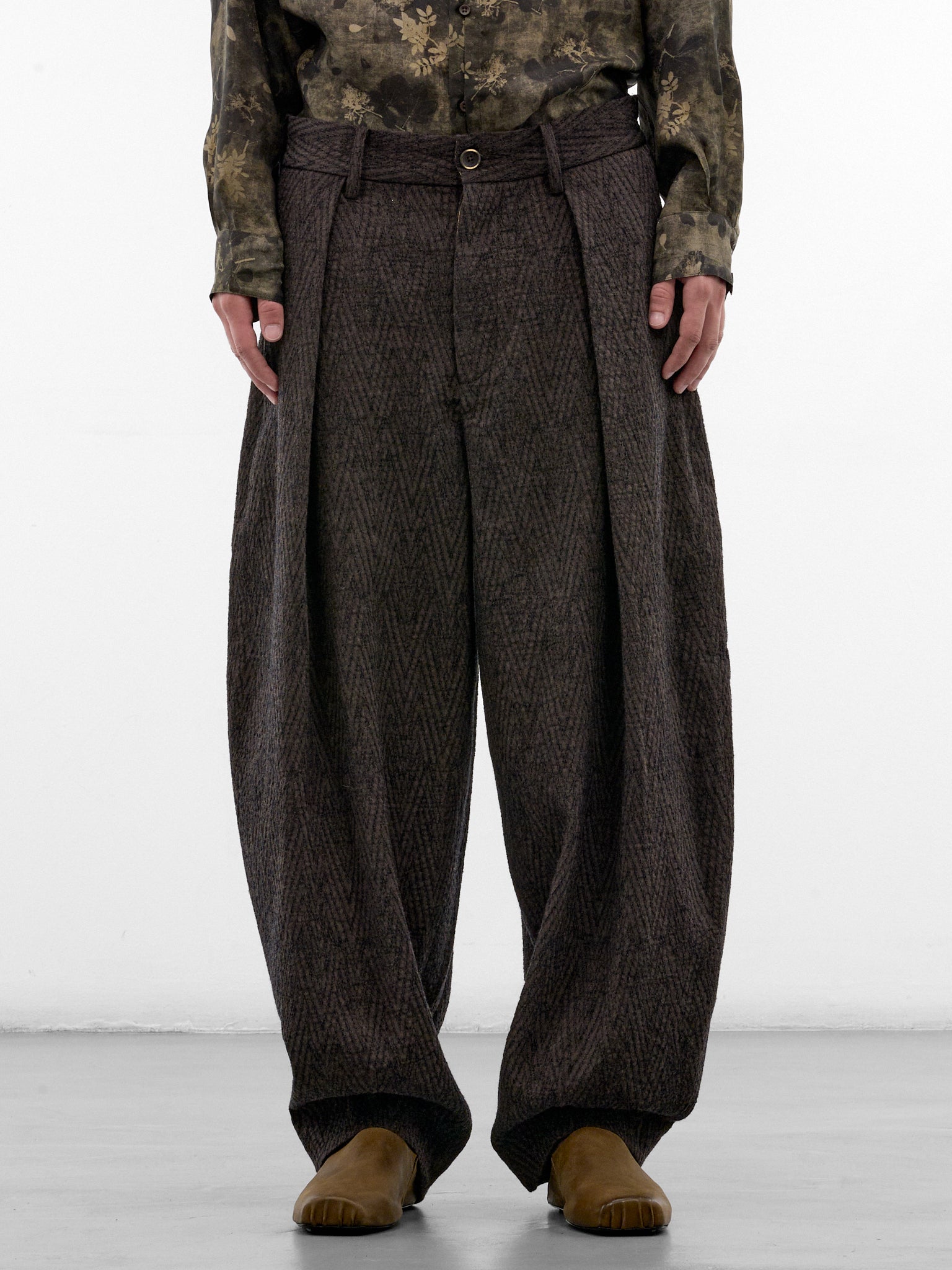 Brown Wool Pleated Wide Trousers (UM3546-BROWN-BLUE)