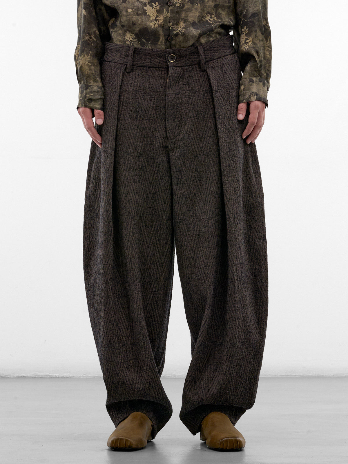 Brown Wool Pleated Wide Trousers (UM3546-BROWN-BLUE)