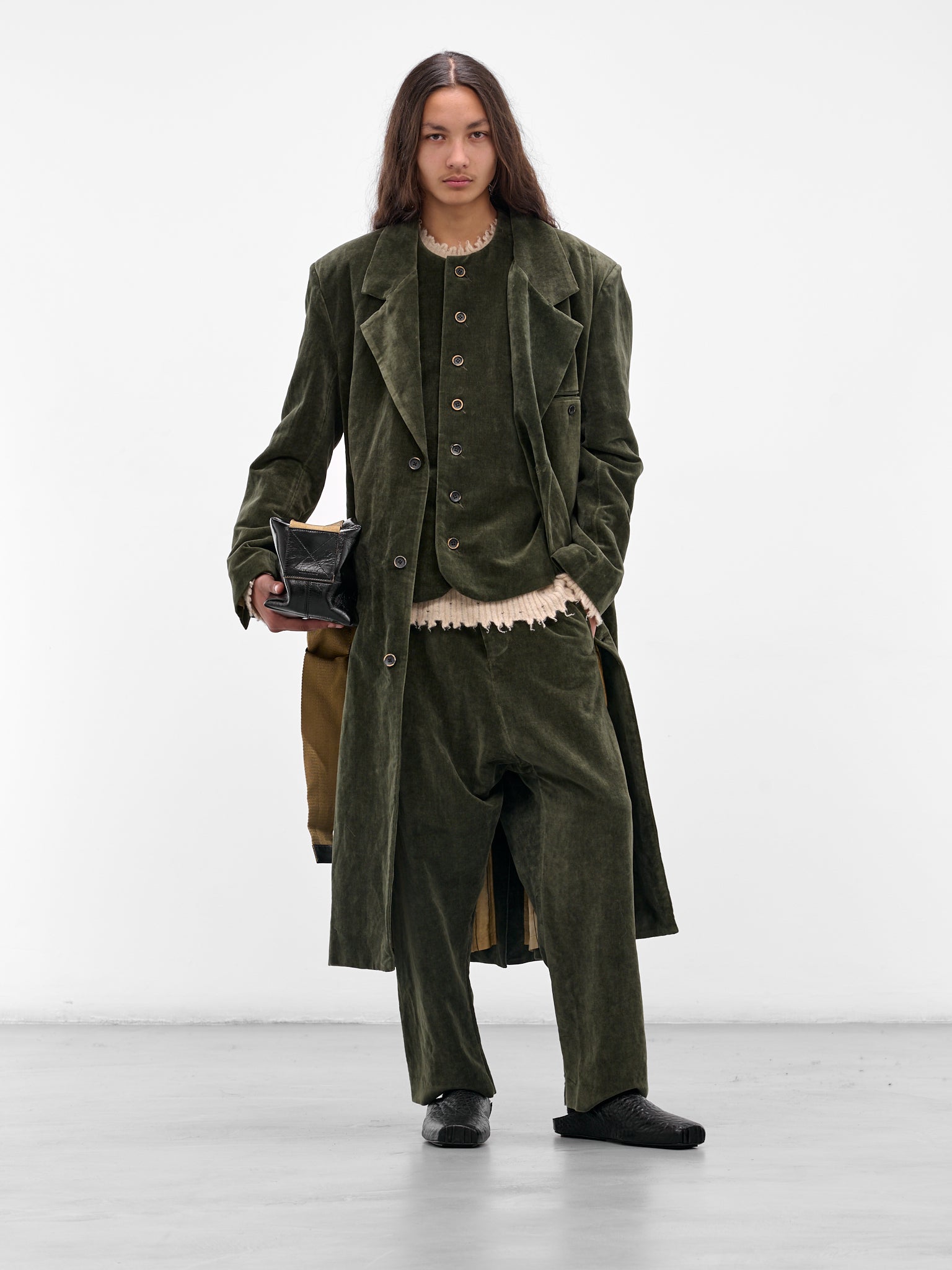 Green 'Perch' Velvet Drawstring Trousers (UM3513-UW490-DARK-GREEN)