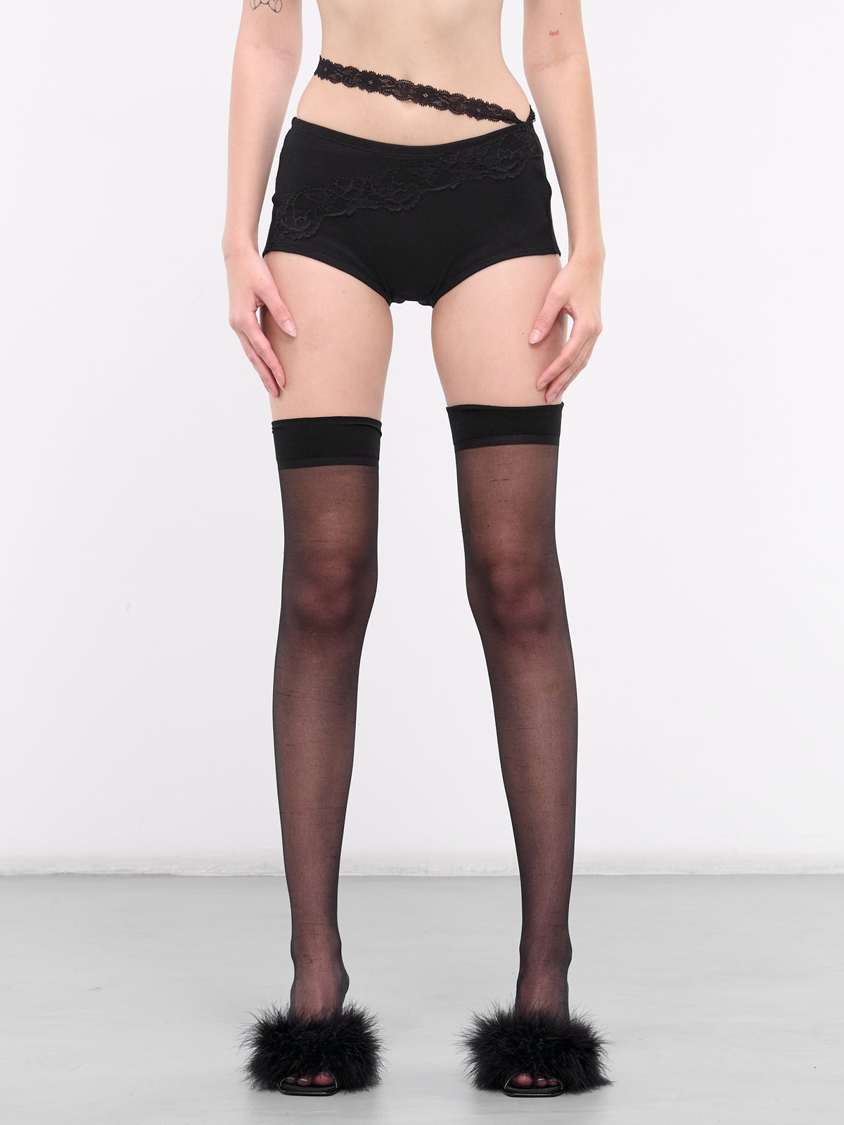 Asymmetric Lace Mini Shorts (UND006-BLACK)