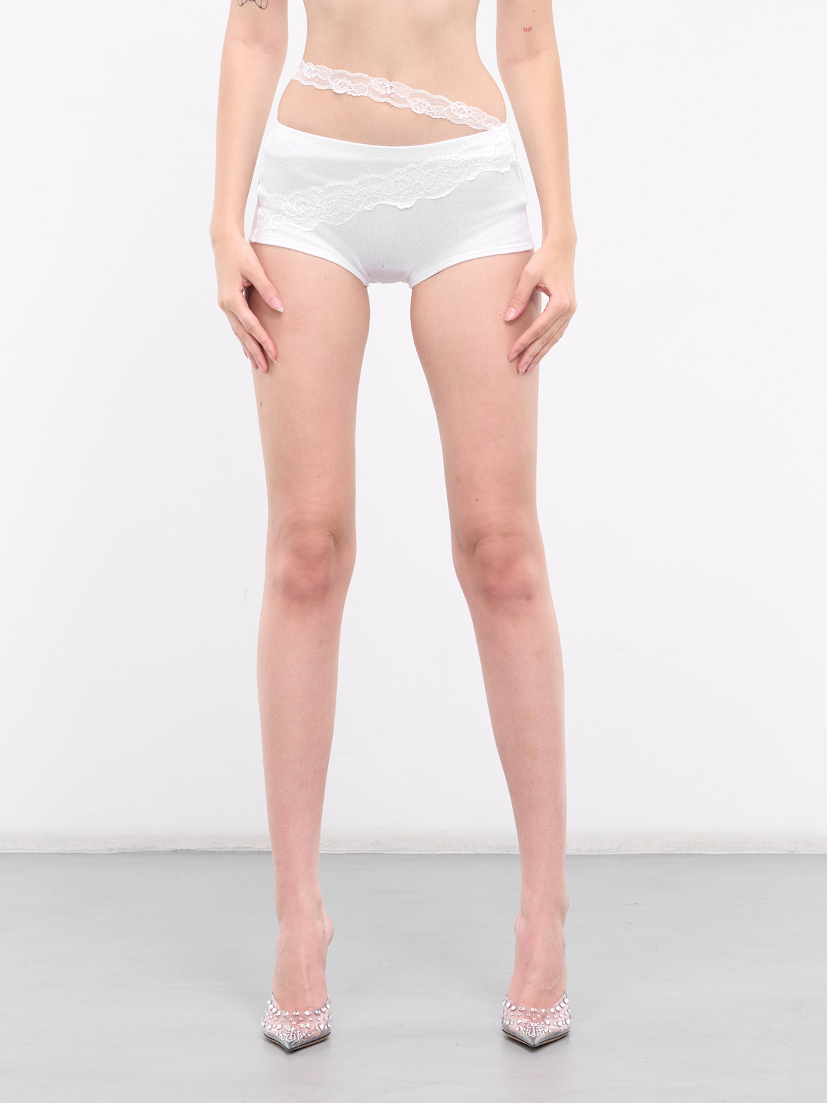 Asymmetric Lace Mini Shorts (UND006-WHITE)
