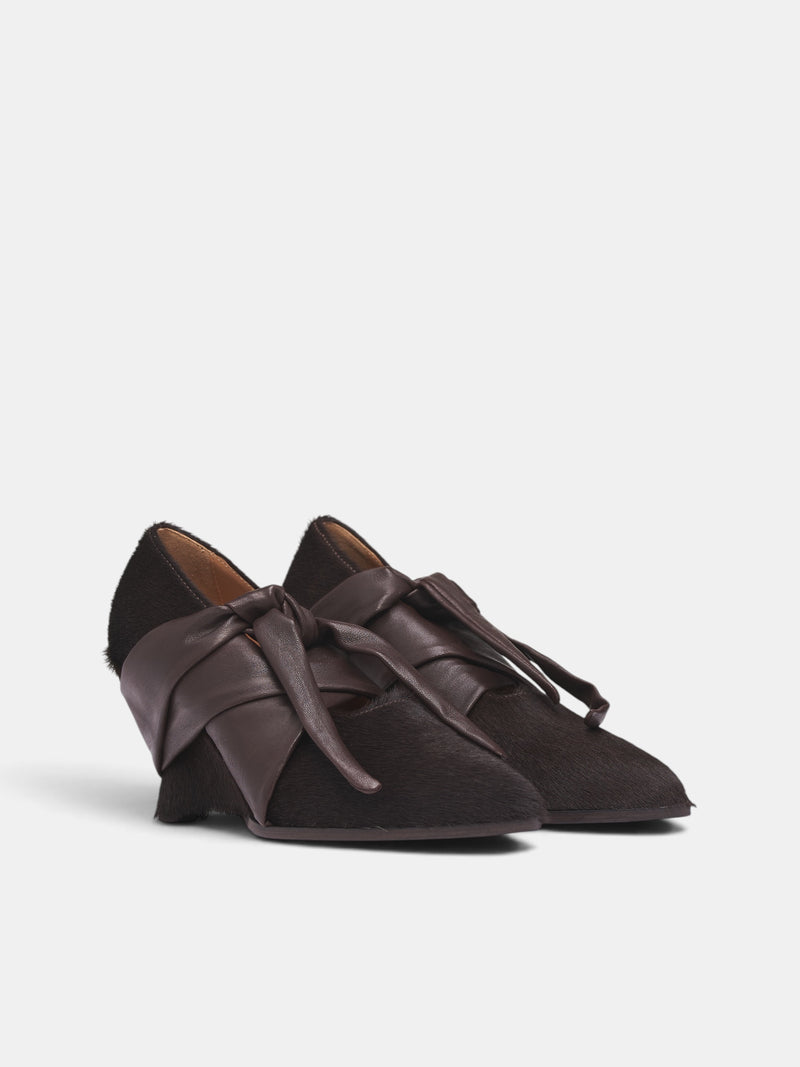 Brown Leather Bow Heeled Mule(US9054-UW600-BROWN)