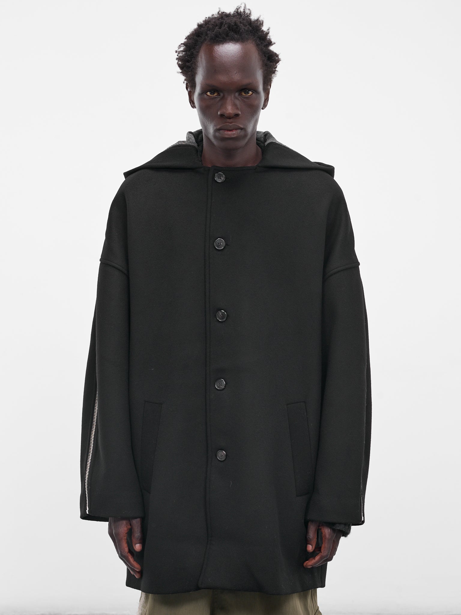 Black Hooded Tartan Panel Coat (UW02F25-BLACK)