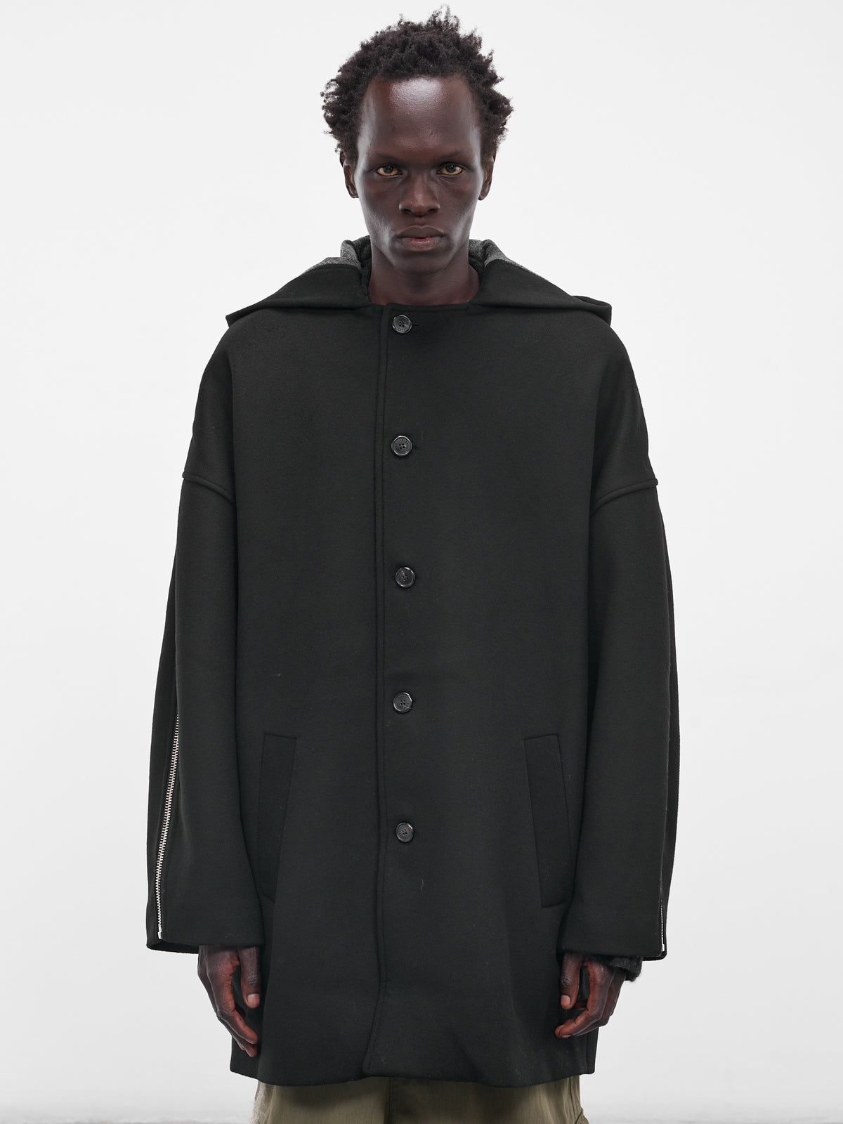 Black Hooded Tartan Panel Coat (UW02F25-BLACK)