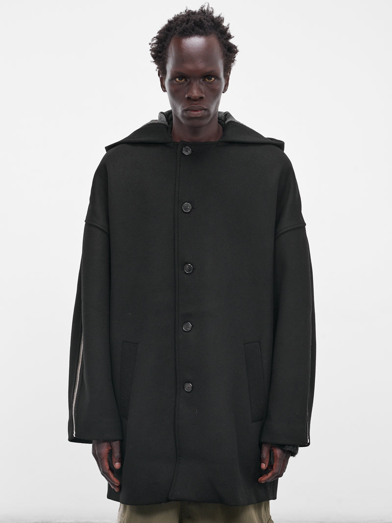 Black Hooded Tartan Panel Coat (UW02F25-BLACK)