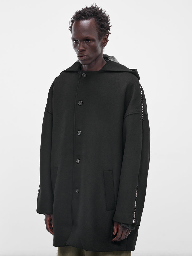 Black Hooded Tartan Panel Coat (UW02F25-BLACK)