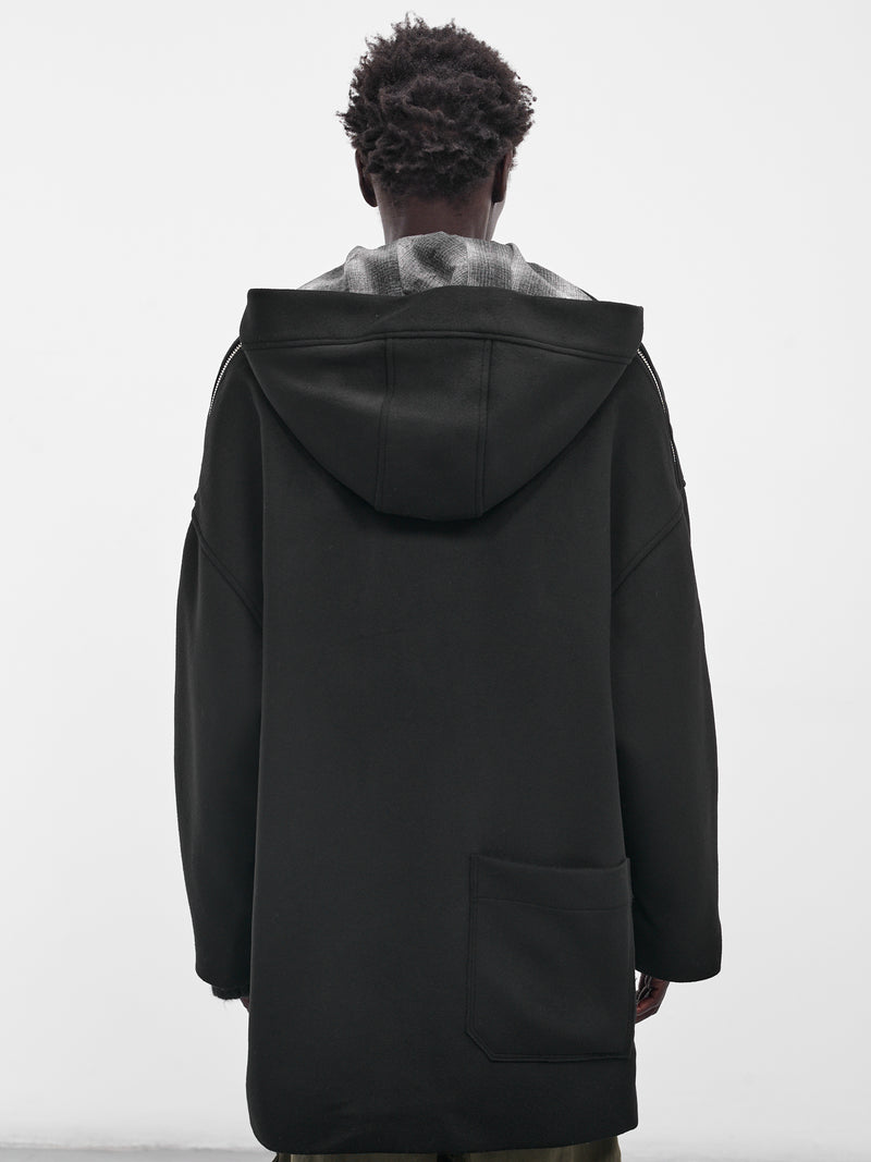 Black Hooded Tartan Panel Coat (UW02F25-BLACK)