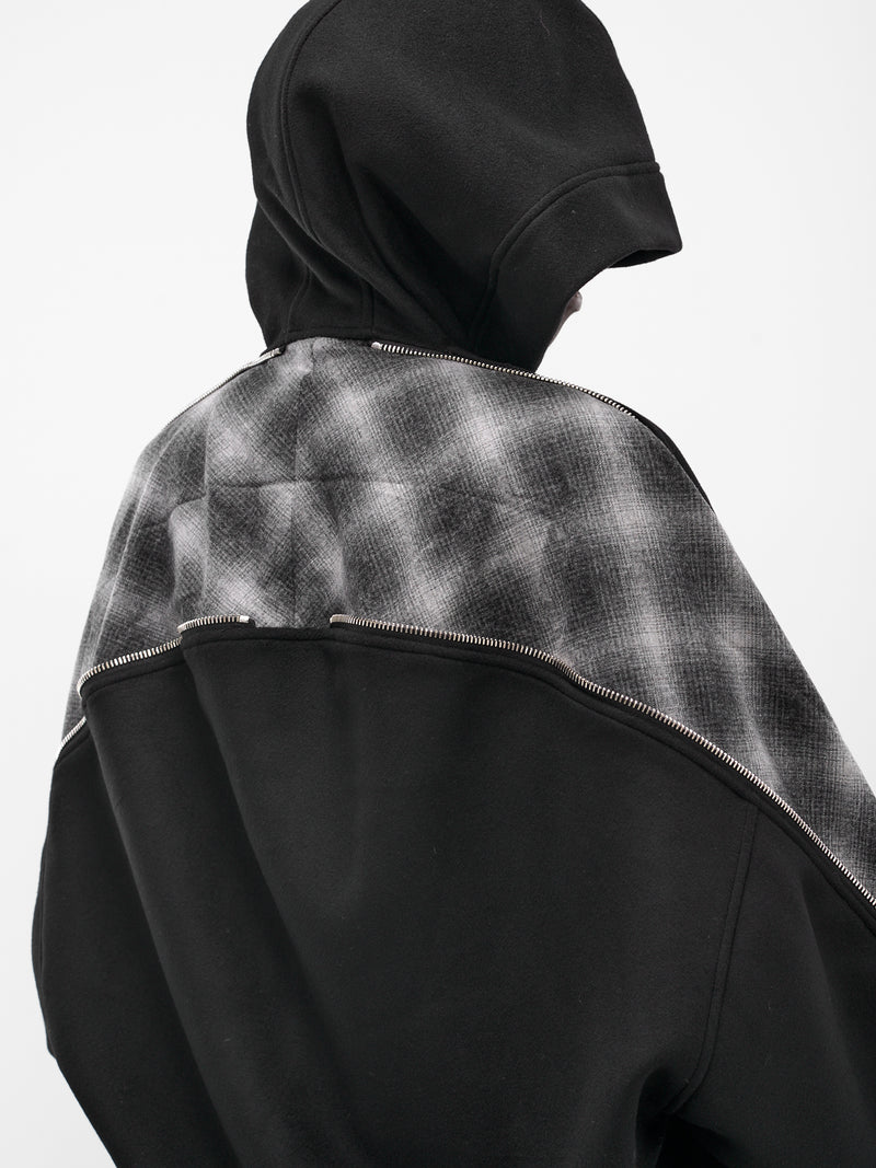 Black Hooded Tartan Panel Coat (UW02F25-BLACK)