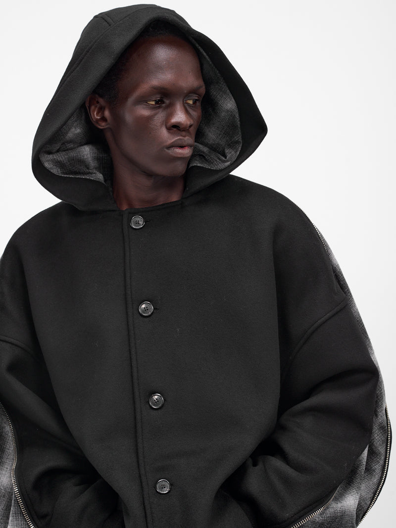 Black Hooded Tartan Panel Coat (UW02F25-BLACK)