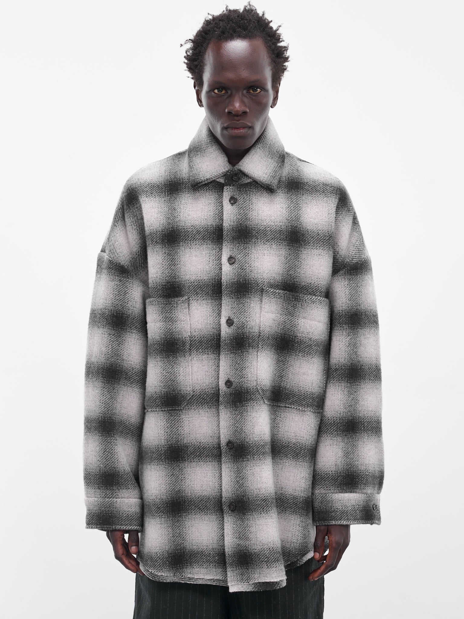 Gray Tartan Wool Button-Up Shirt (UW11F25-BLACK)