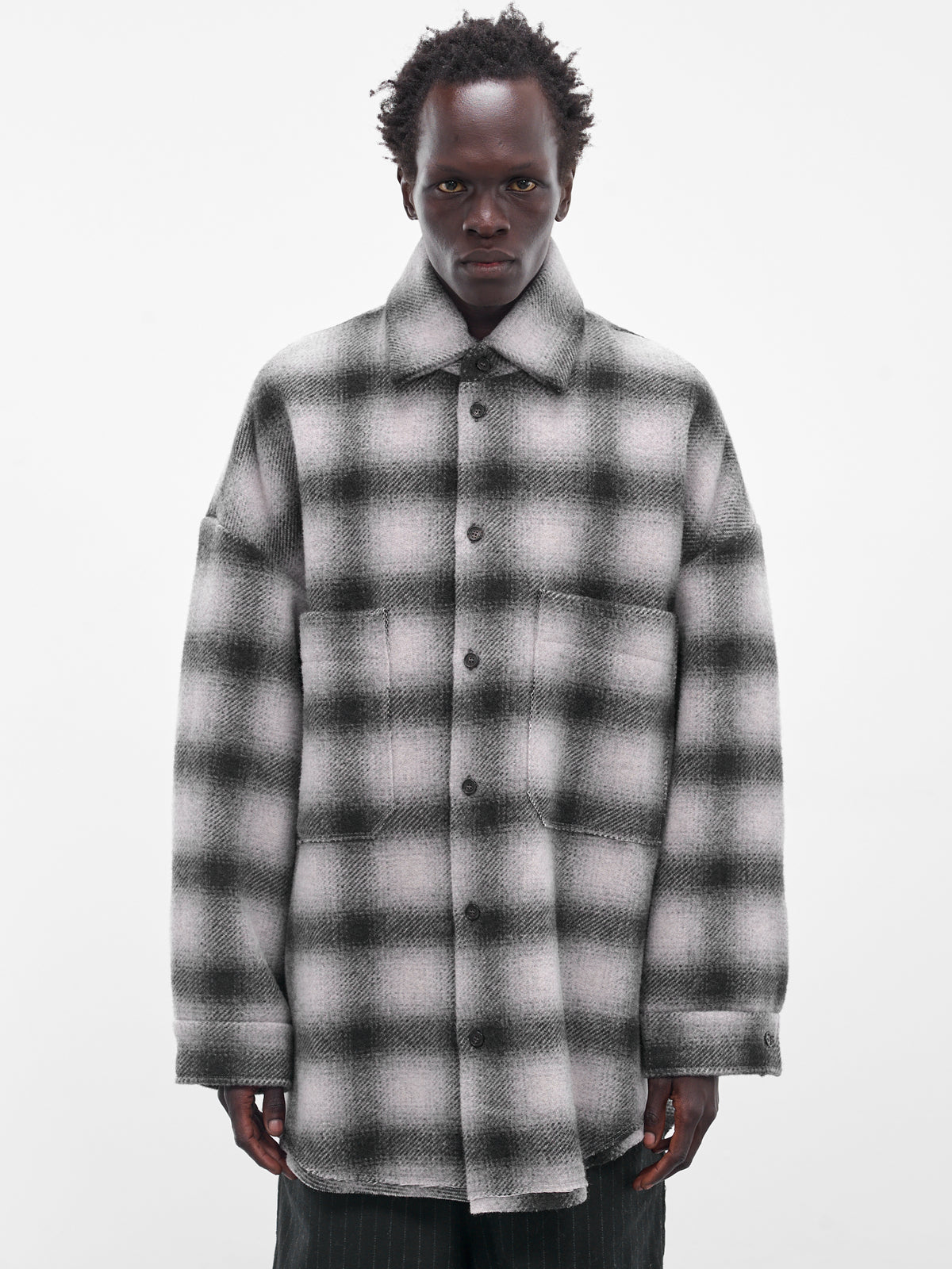 Gray Tartan Wool Button-Up Shirt (UW11F25-BLACK)