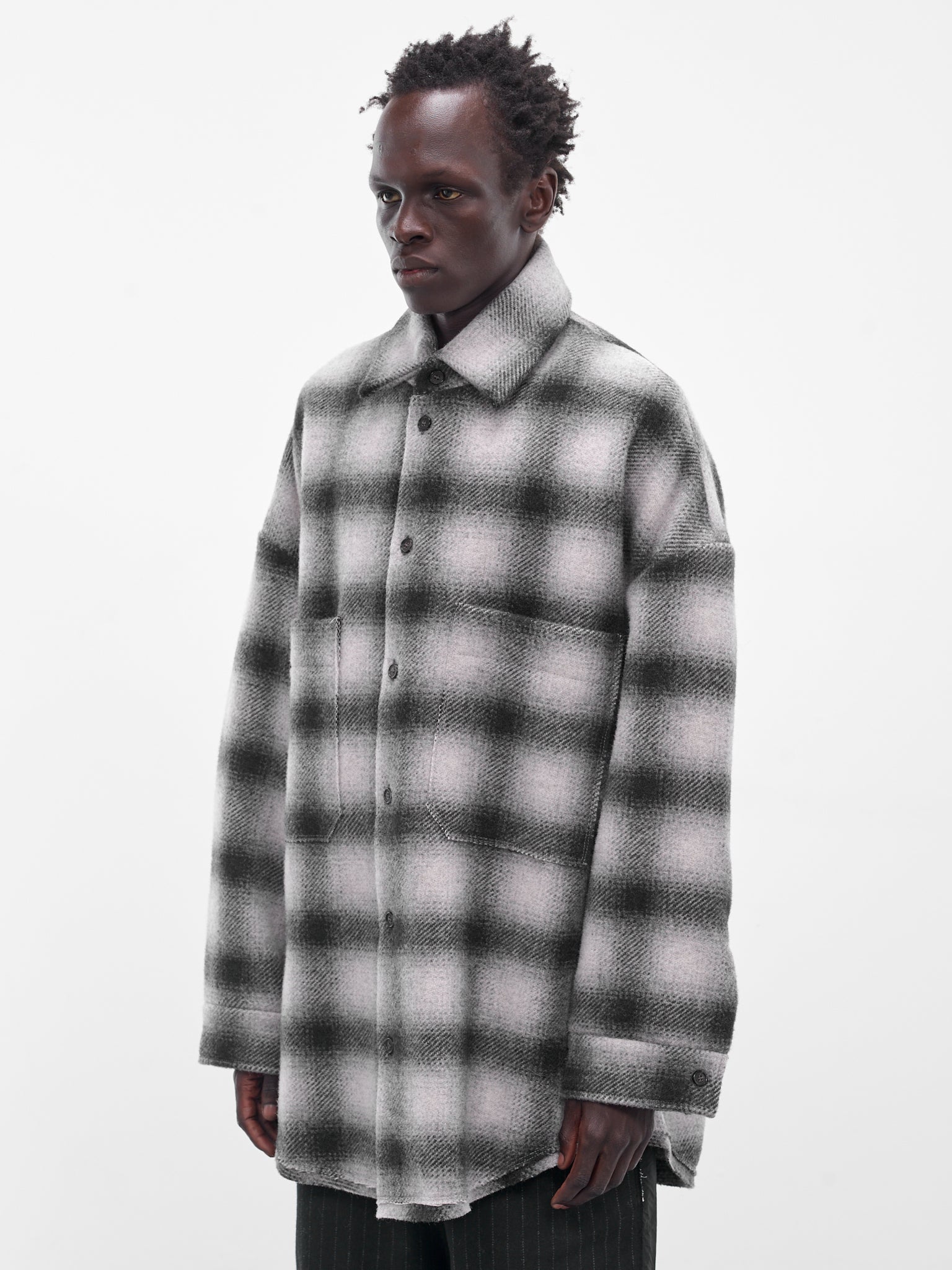 Gray Tartan Wool Button-Up Shirt (UW11F25-BLACK)