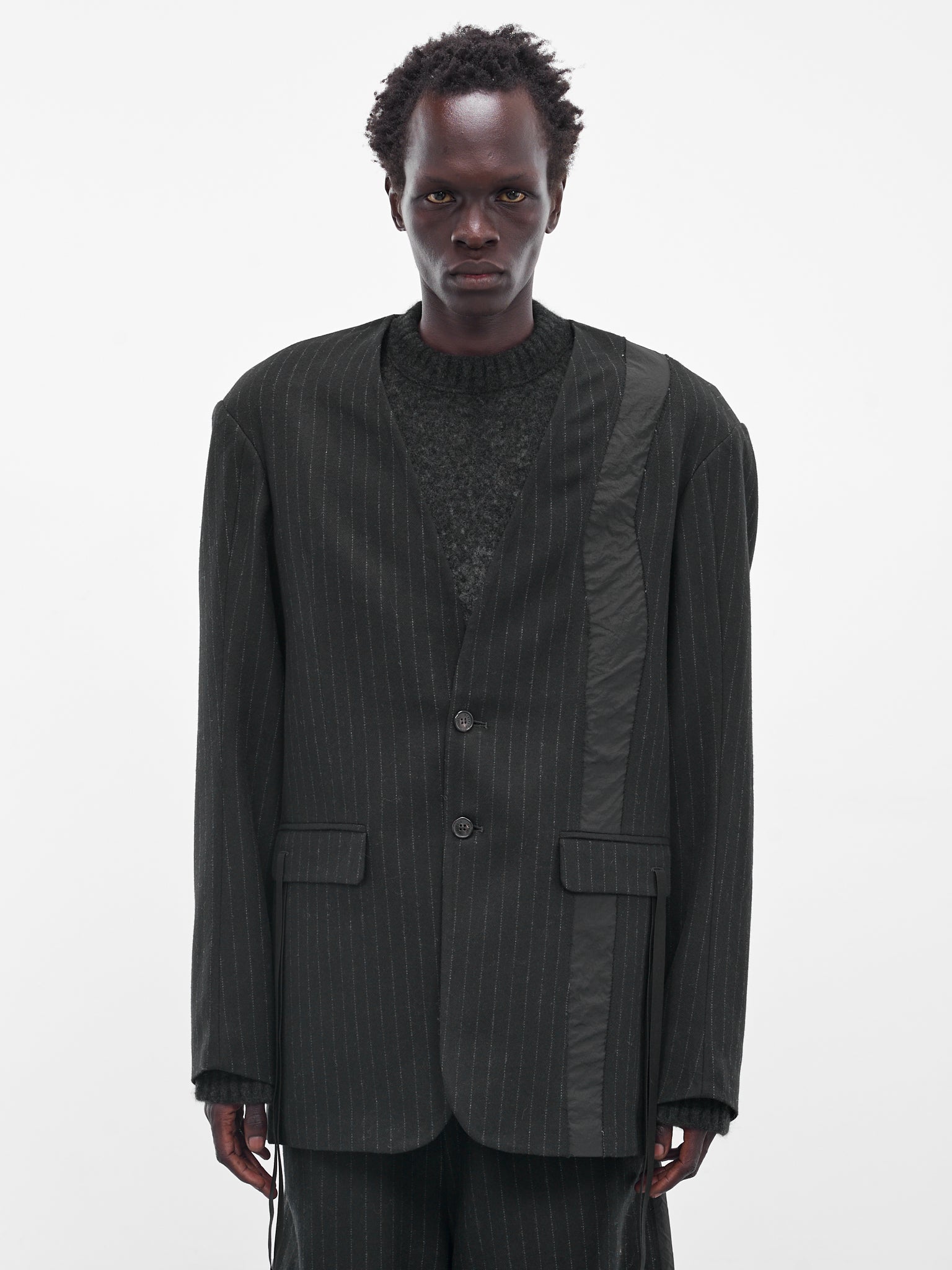 Black Pinstripe Lapelless Blazer (UW41F25-BLACK)