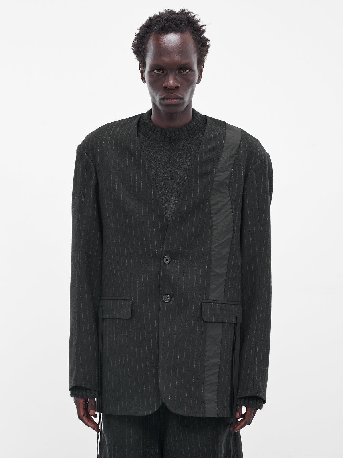 Black Pinstripe Lapelless Blazer (UW41F25-BLACK)