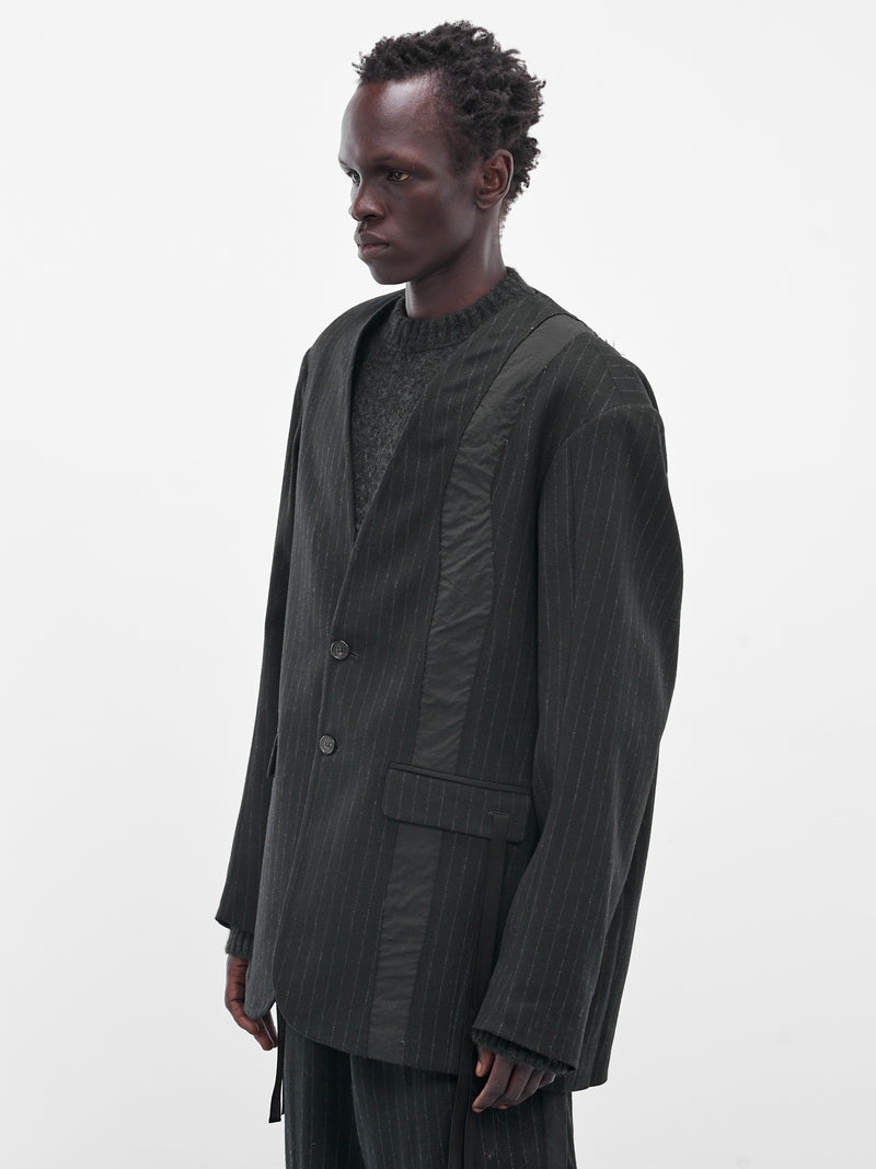 Black Pinstripe Lapelless Blazer (UW41F25-BLACK)