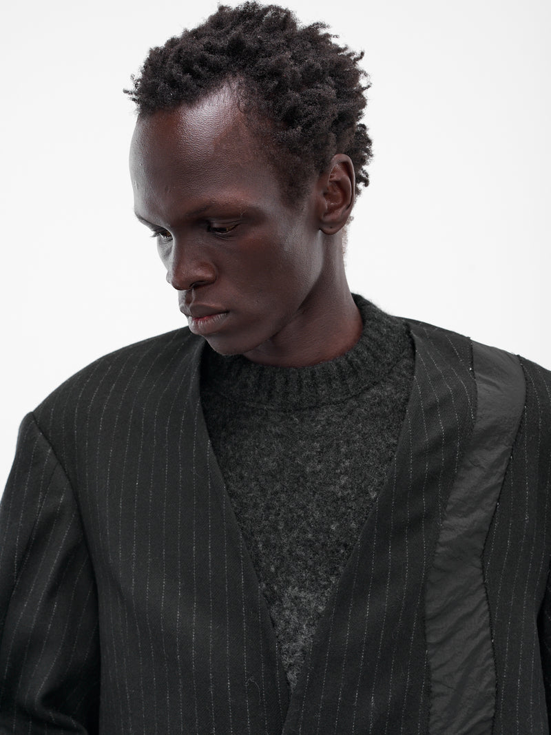 Black Pinstripe Lapelless Blazer (UW41F25-BLACK)