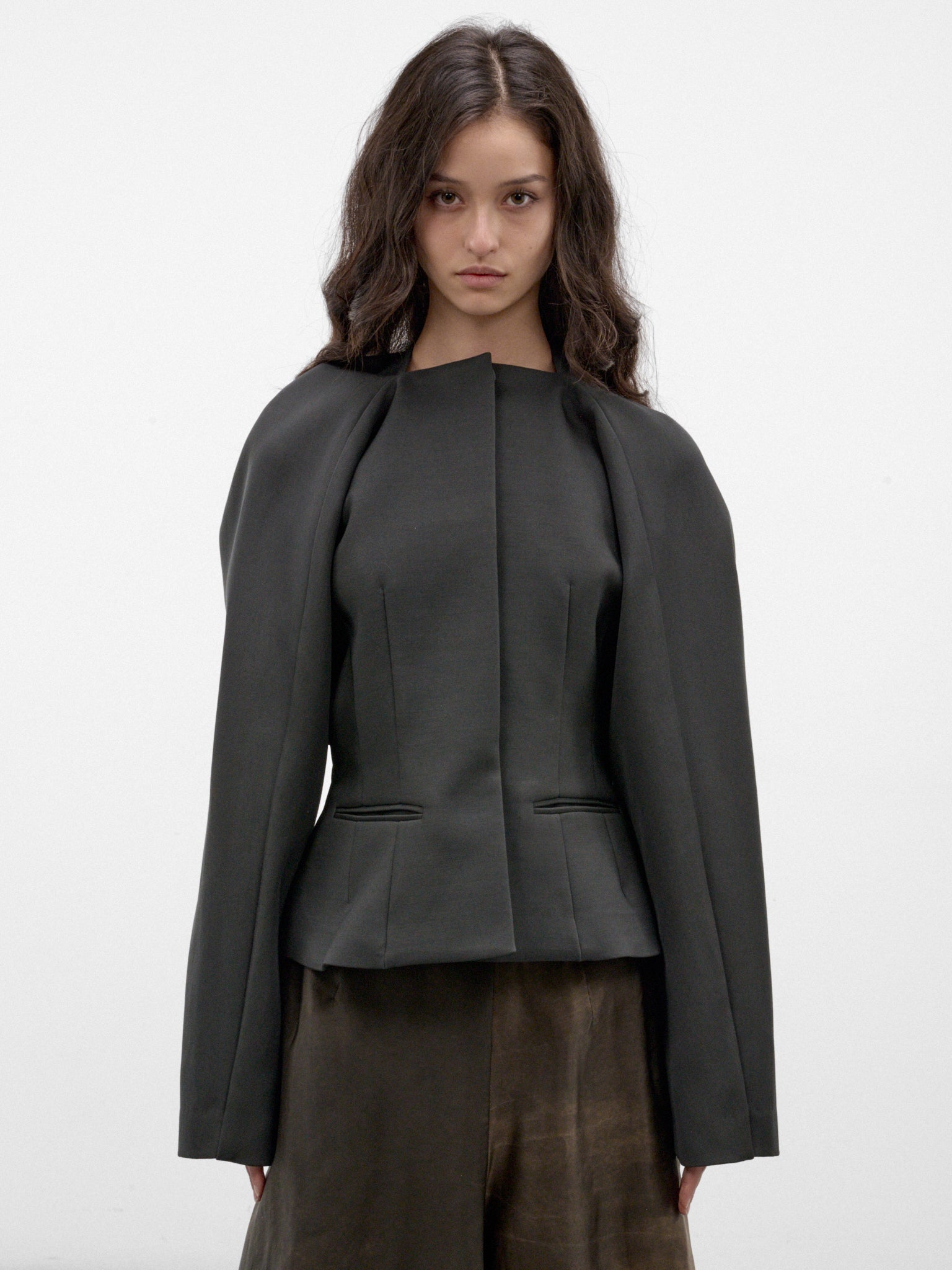 Gray Sculptural Cropped Jacket (UW6067-KLARR-GREY-GREEN)