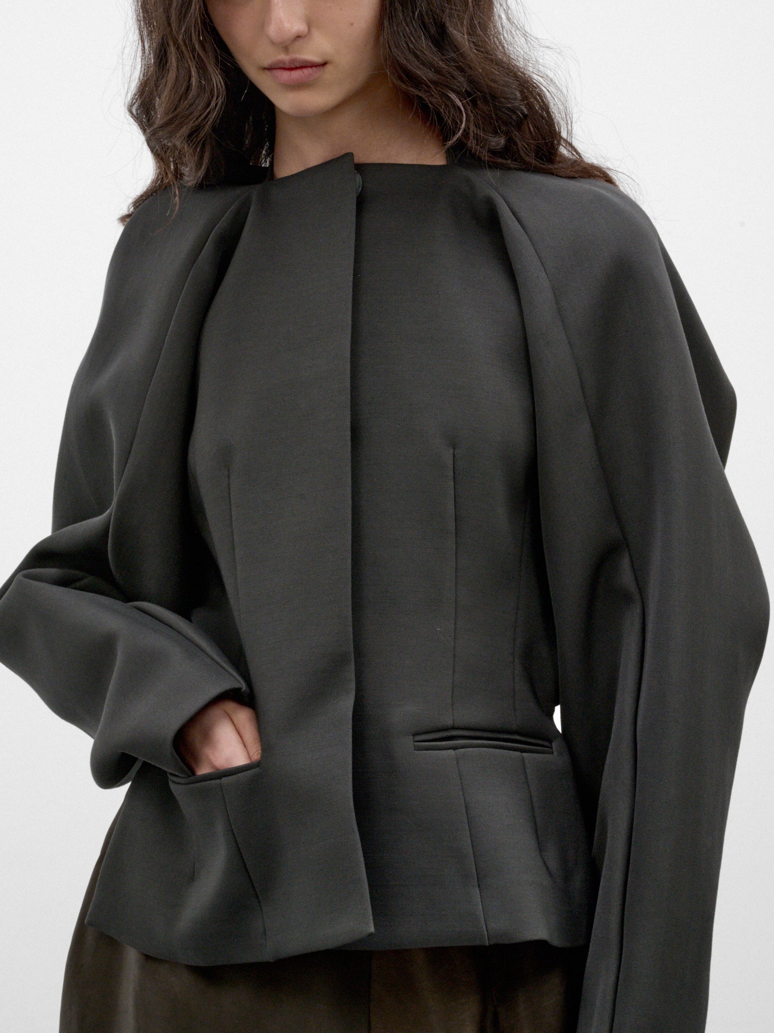 Gray Sculptural Cropped Jacket (UW6067-KLARR-GREY-GREEN)