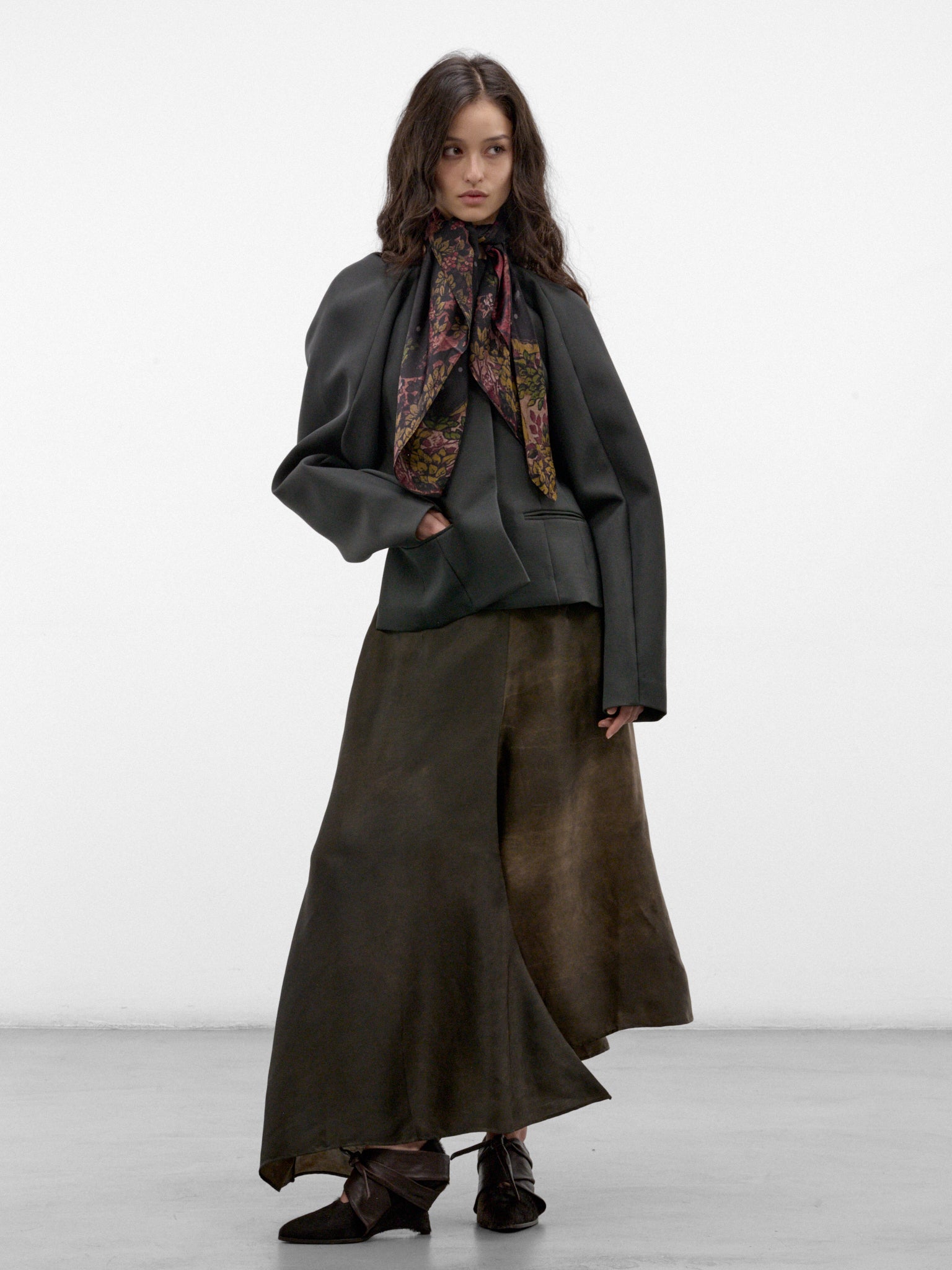 Gray Asymmetric Layered Midi Skirt (UW2011-GLUE-GREY-BROWN)