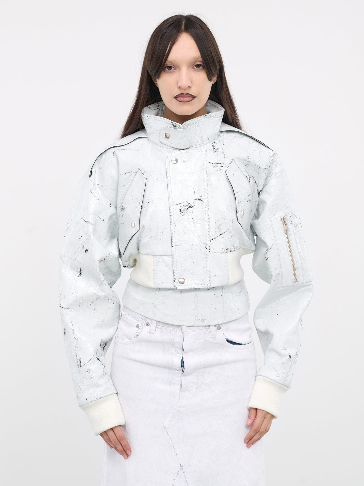 Cracked Paint Leather Cropped Jacket (VAQ07J001-WHITE)