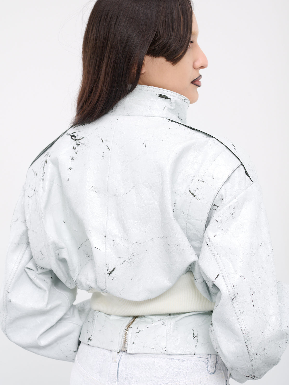 Cracked Paint Leather Cropped Jacket (VAQ07J001-WHITE)
