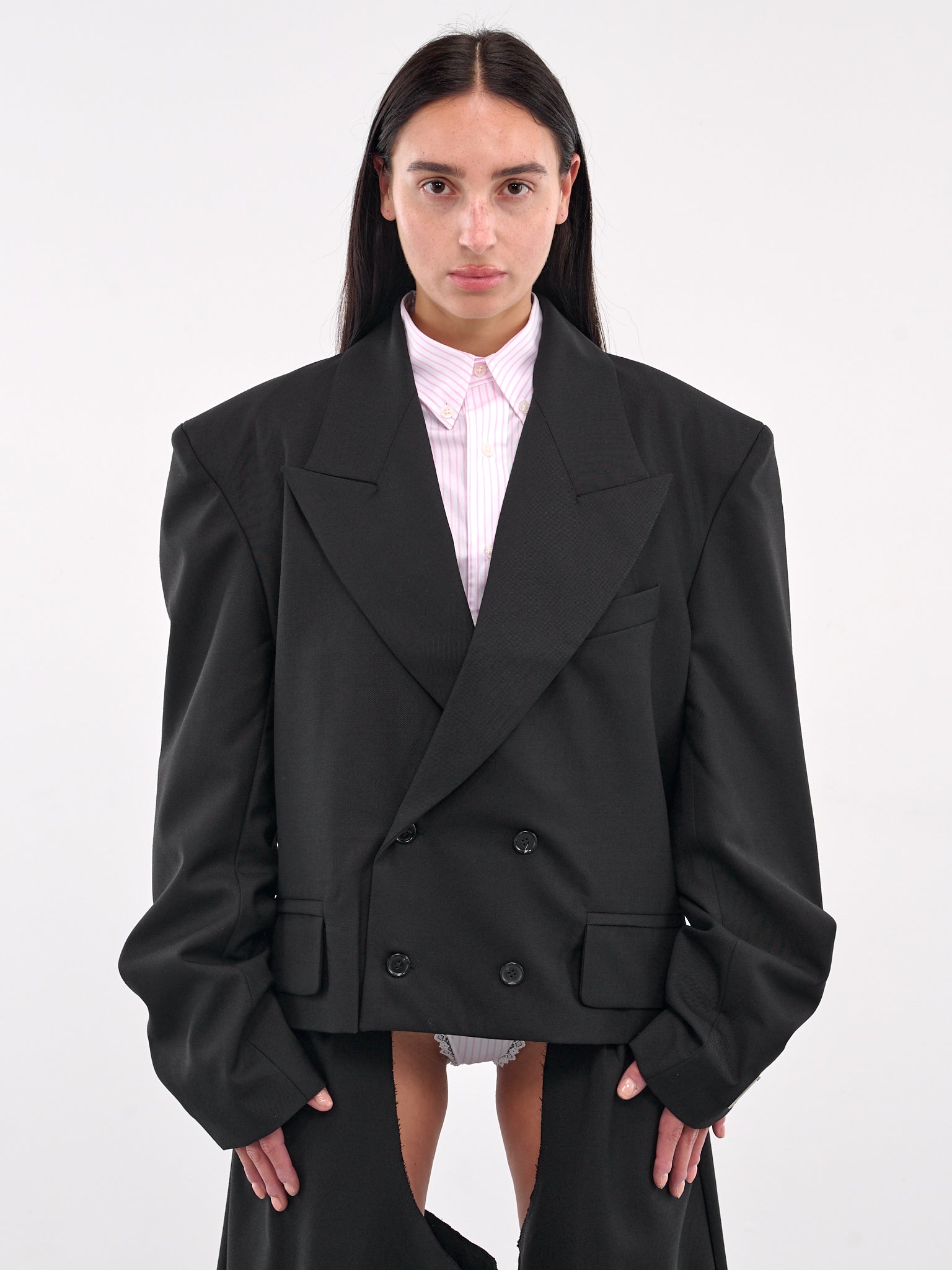 Cropped Double-Breasted Blazer (VAQ09J007-BLACK)