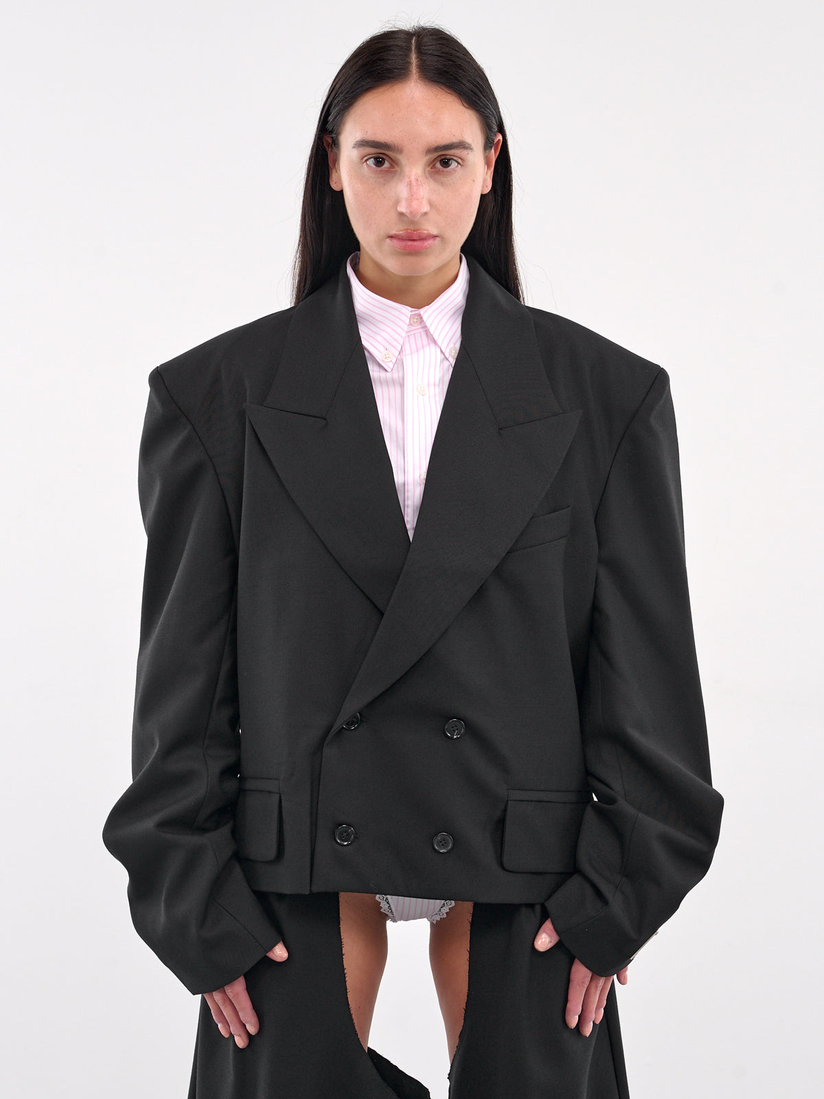 Cropped Double-Breasted Blazer (VAQ09J007-BLACK)