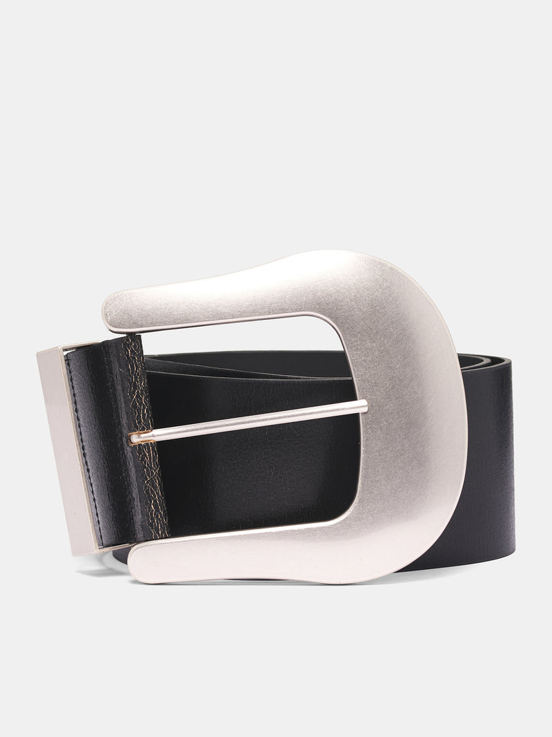 Black Leather Oversized Western Belt (VAQ10K301-BLACK)