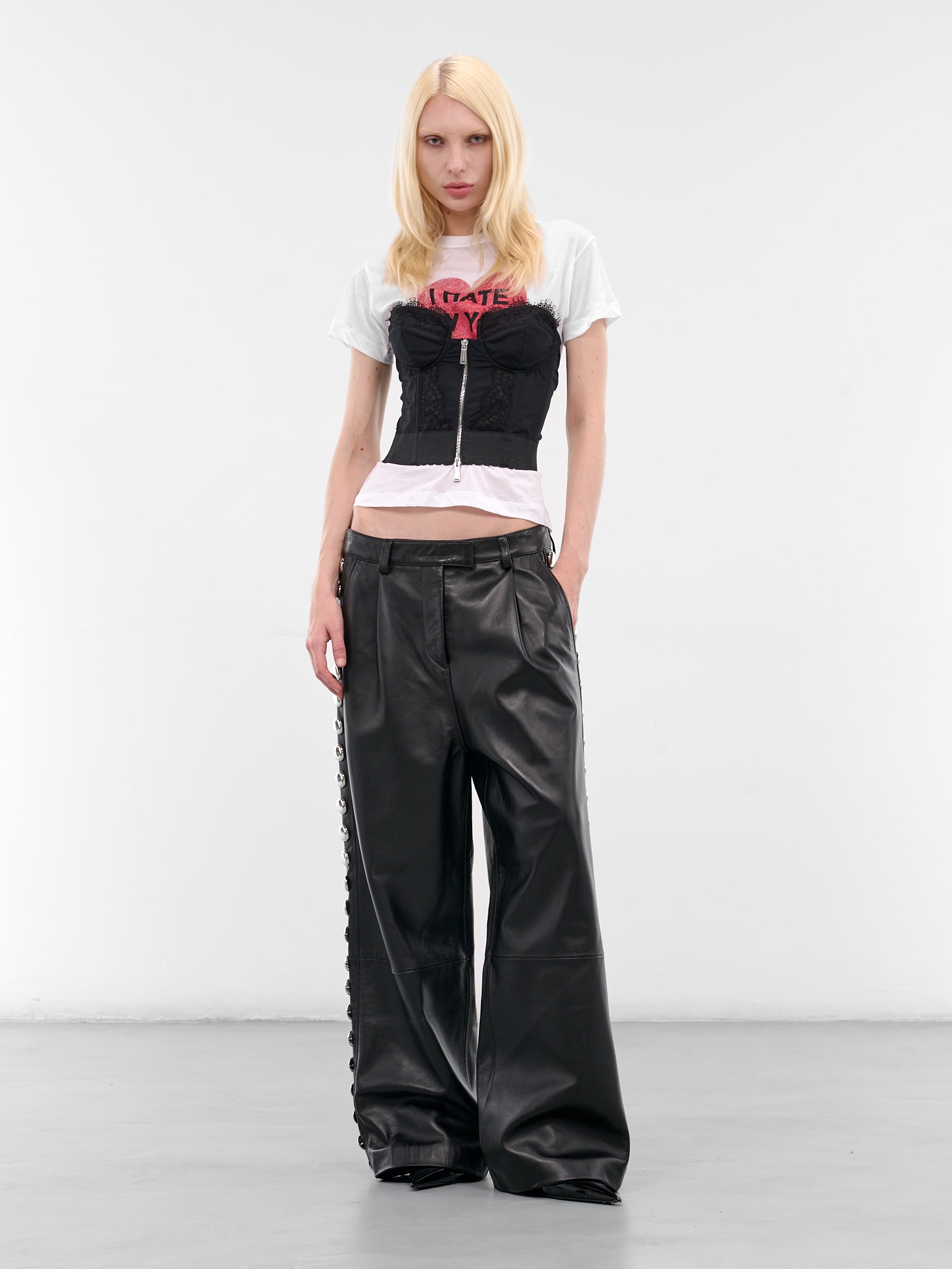 Black Leather Studded Wide Trousers (VAQ10P001-BLACK)