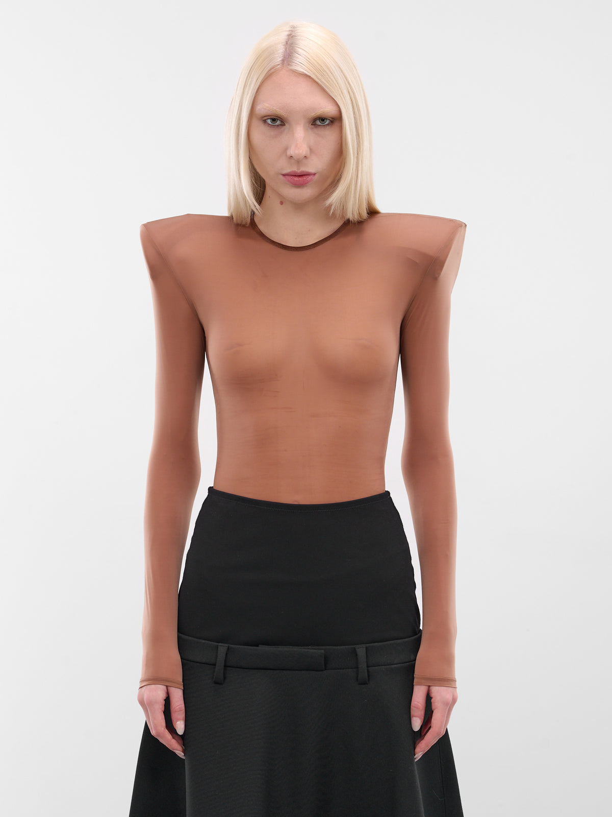 Sheer Nylon Padded Shoulders Bodysuit (VAQ10UU102-BROWN)