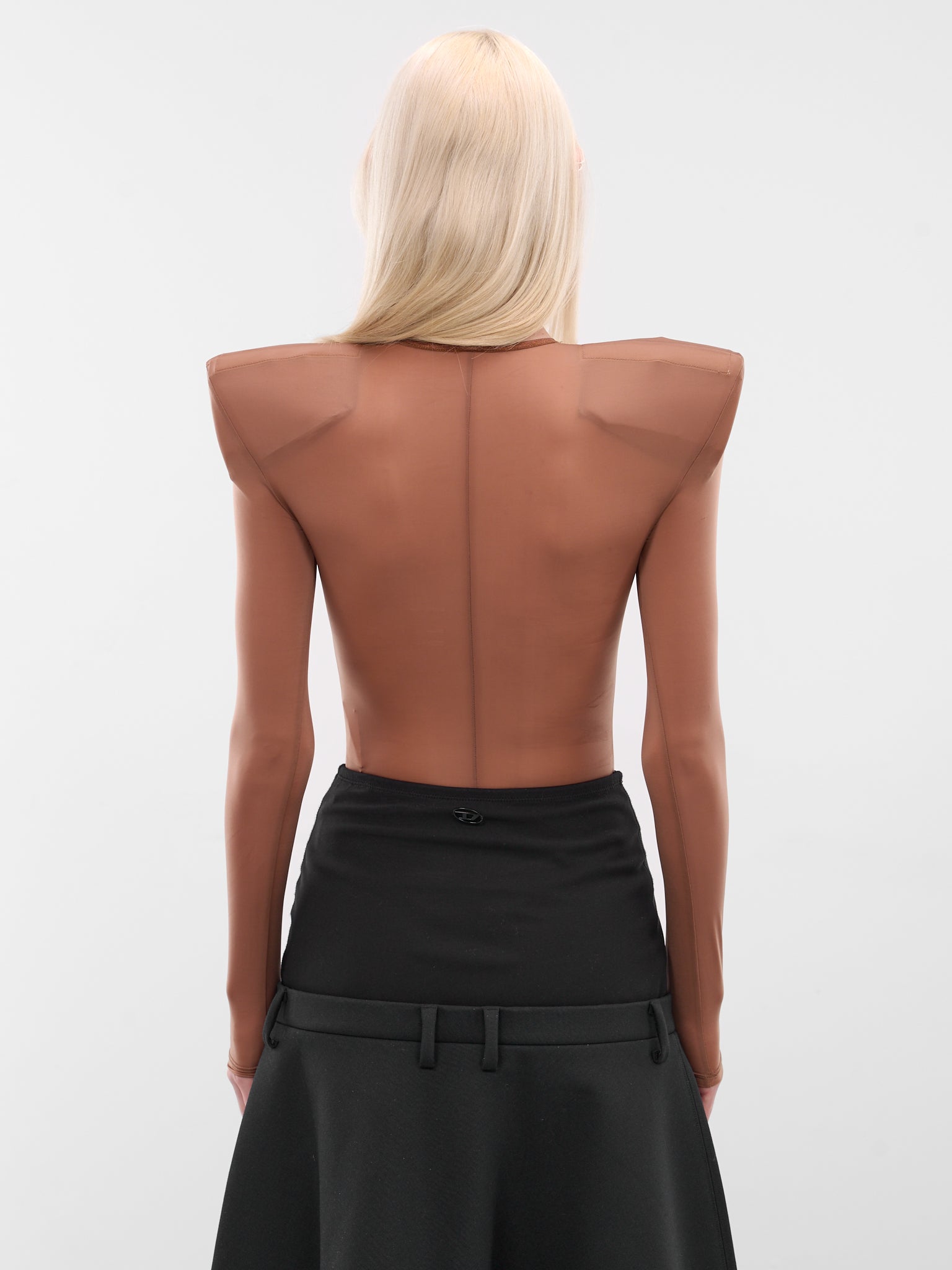 Sheer Nylon Padded Shoulders Bodysuit (VAQ10UU102-BROWN)