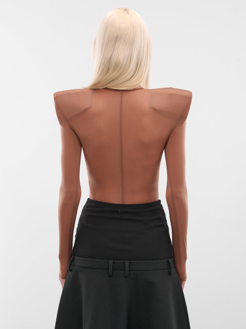 Sheer Nylon Padded Shoulders Bodysuit (VAQ10UU102-BROWN)