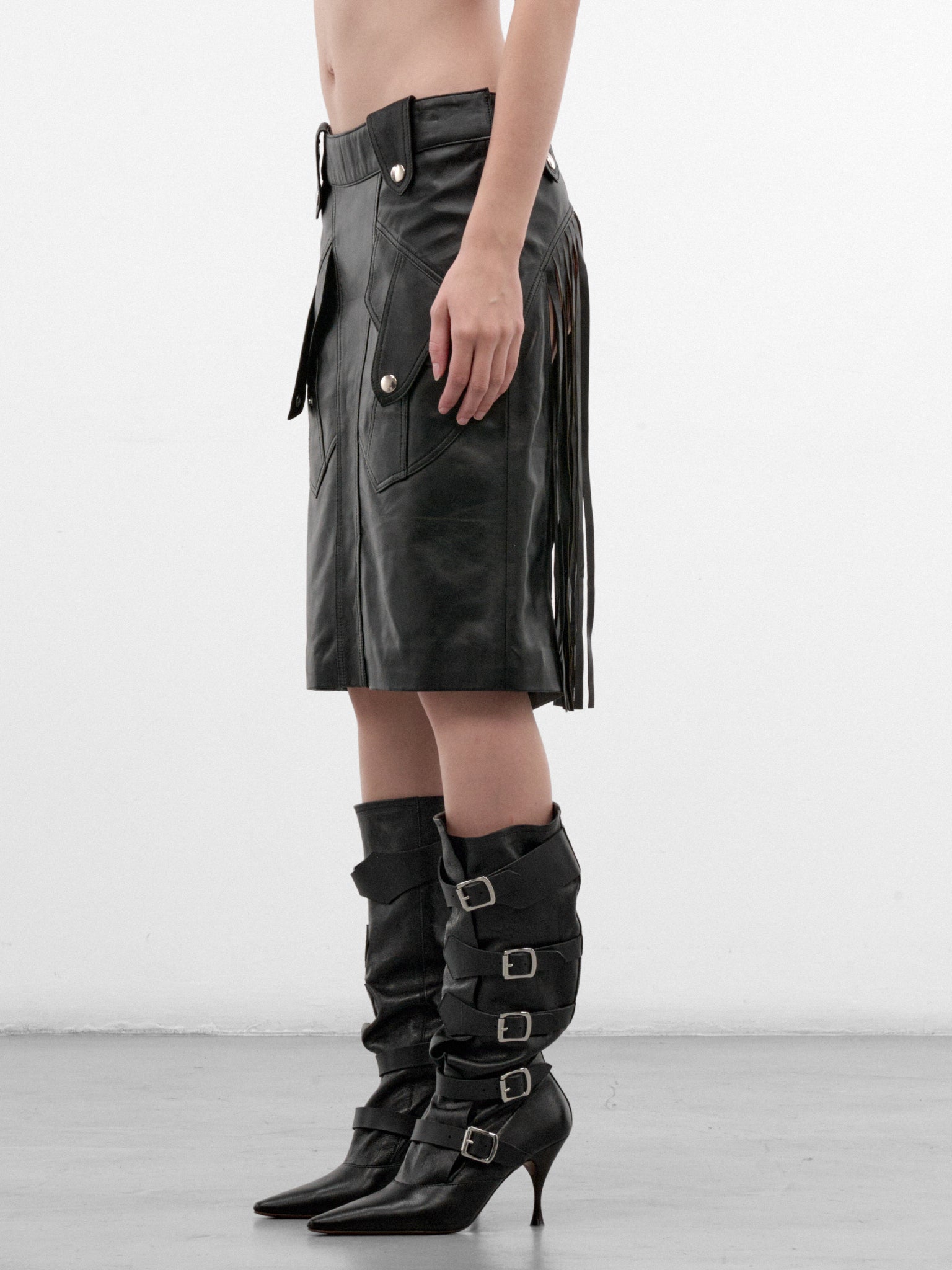Black Lamb Leather Mini Skirt (VAQ12S004-BLACK)