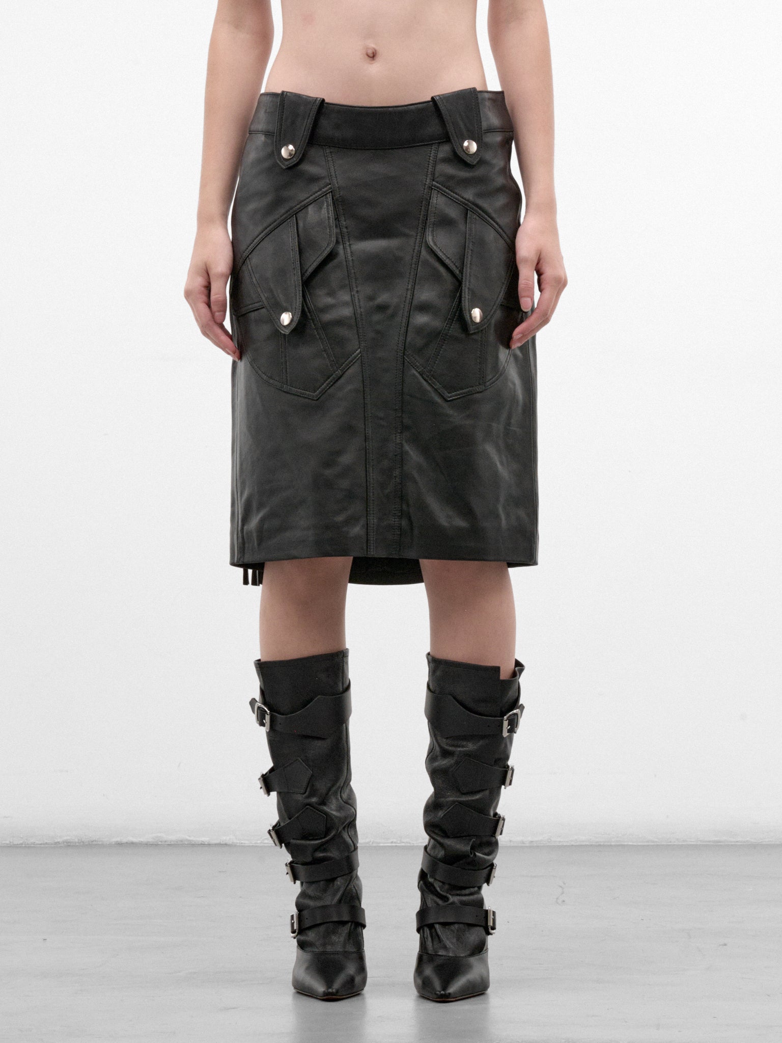 Black Lamb Leather Mini Skirt (VAQ12S004-BLACK)