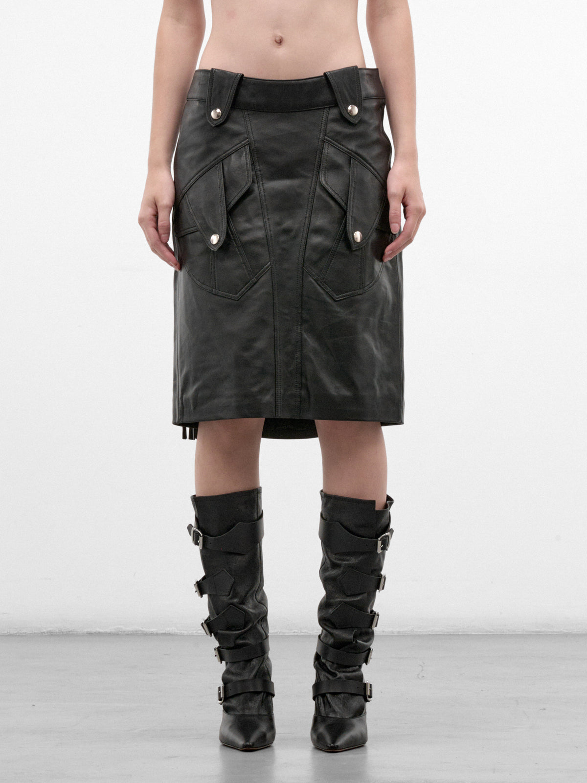 Black Lamb Leather Mini Skirt (VAQ12S004-BLACK)